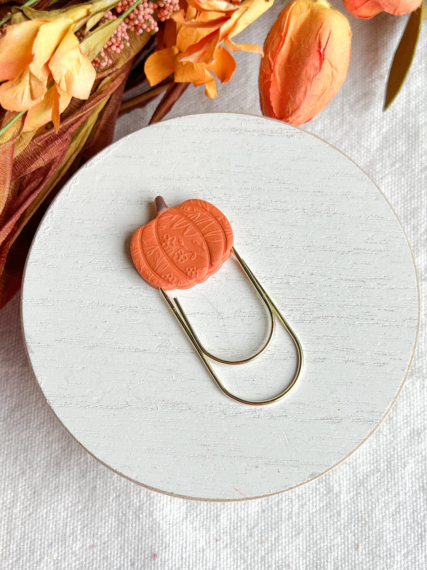 Floral Embossed Pumpkin Bookmark | Polymer Clay Paper Clip Bookmark
