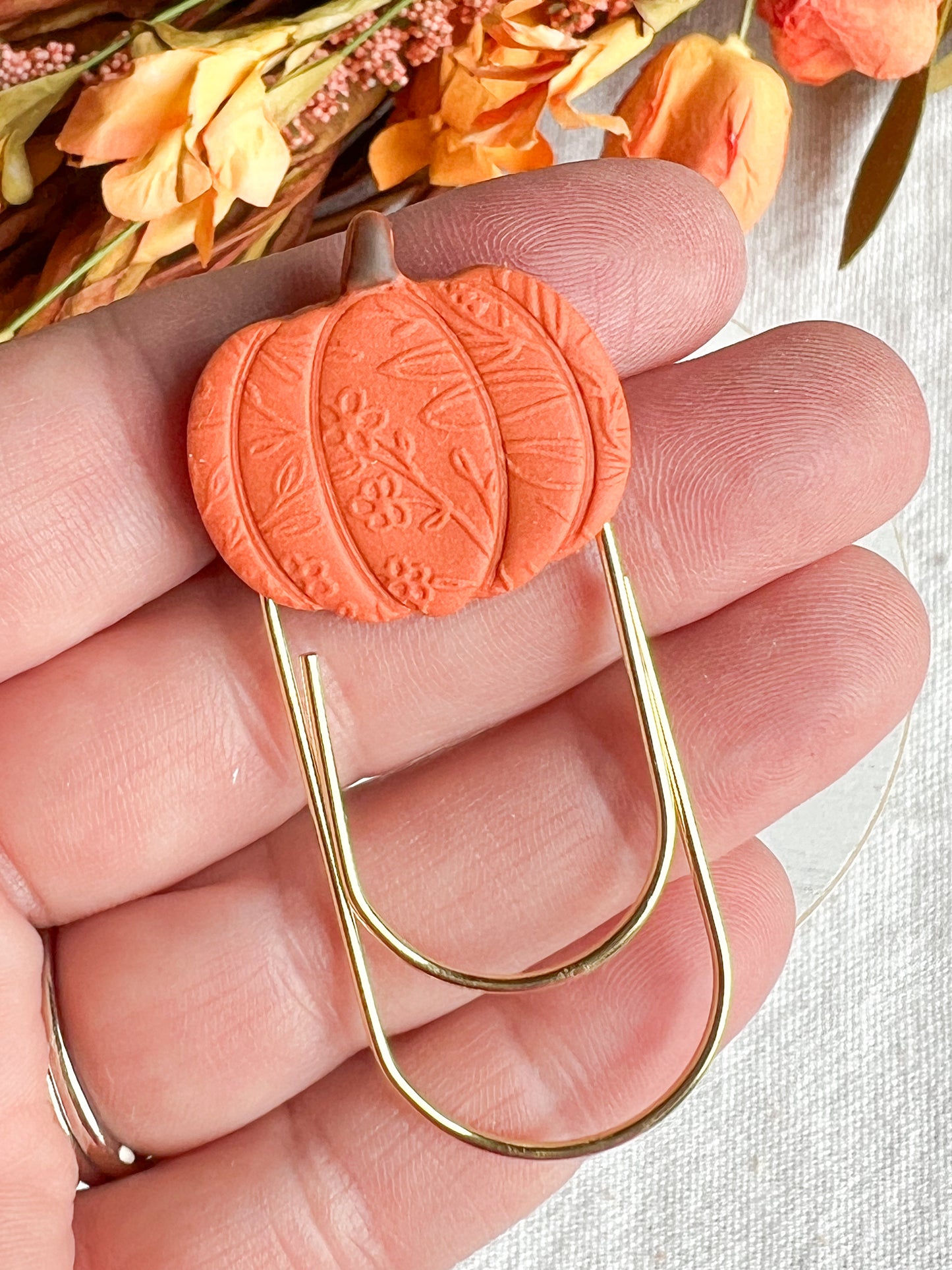 Floral Embossed Pumpkin Bookmark | Polymer Clay Paper Clip Bookmark