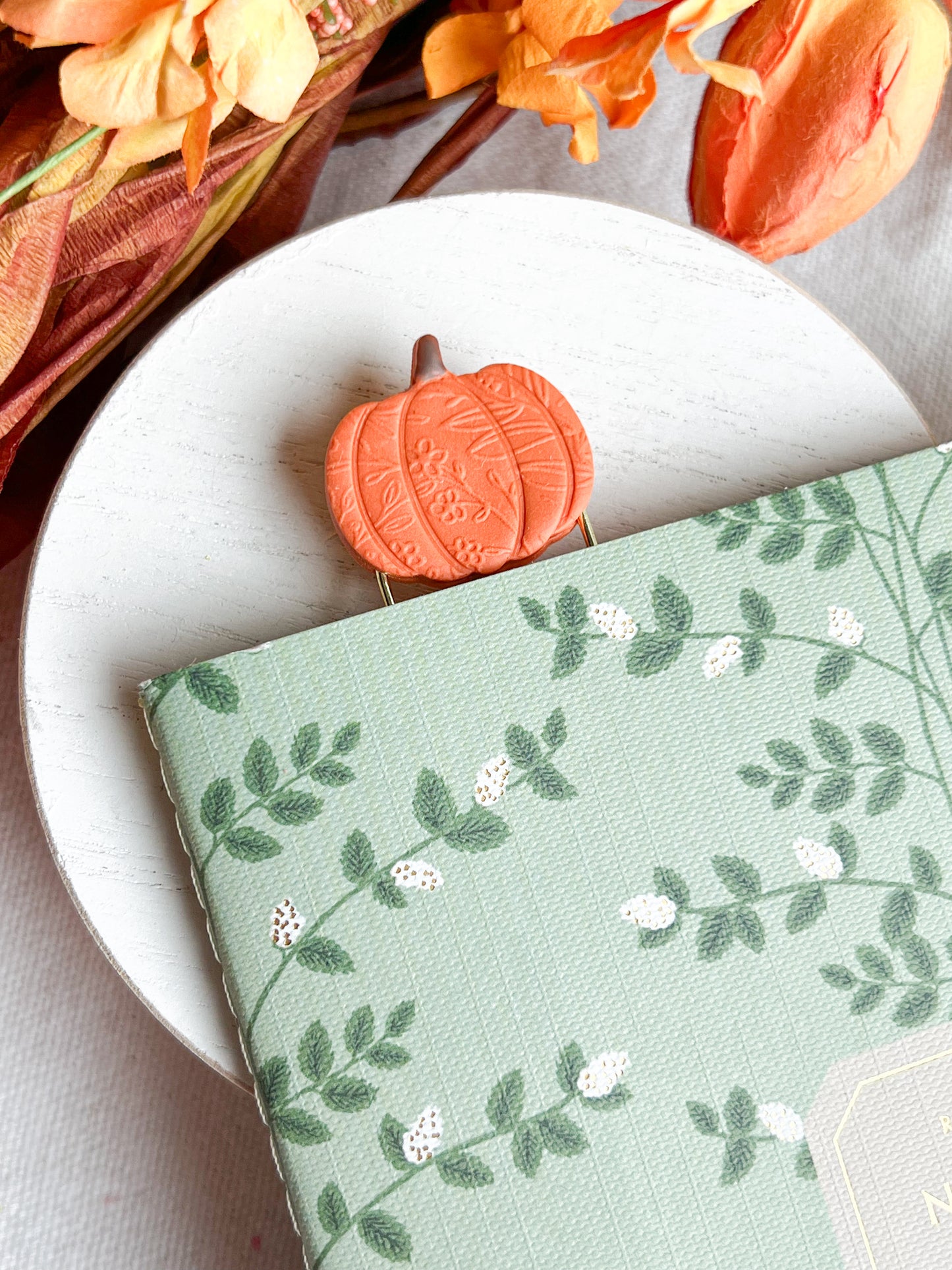 Floral Embossed Pumpkin Bookmark | Polymer Clay Paper Clip Bookmark