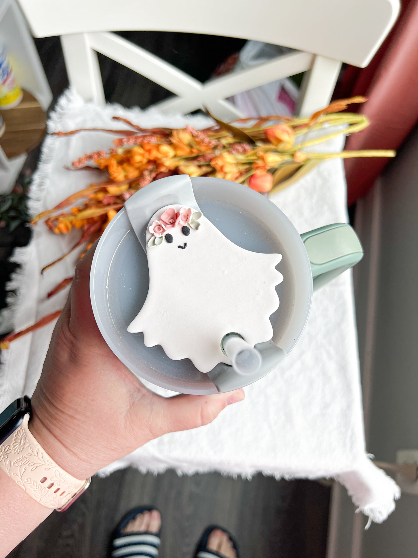 Floral Ghost Tumbler Cup Polymer Clay Tag | 40oz Stanley Accessory