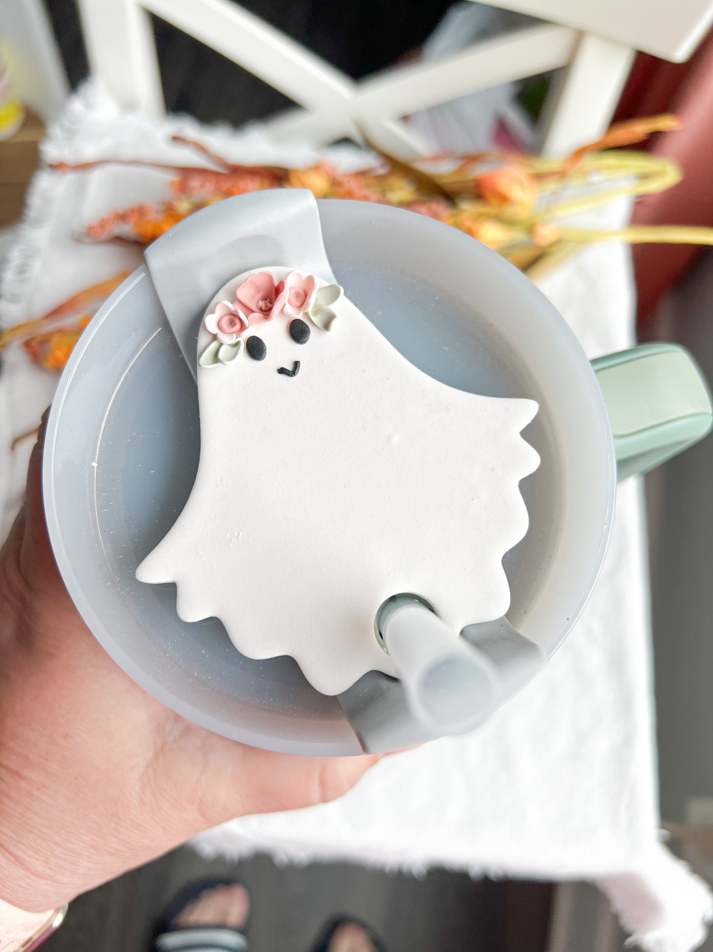 Floral Ghost Tumbler Cup Polymer Clay Tag | 40oz Stanley Accessory
