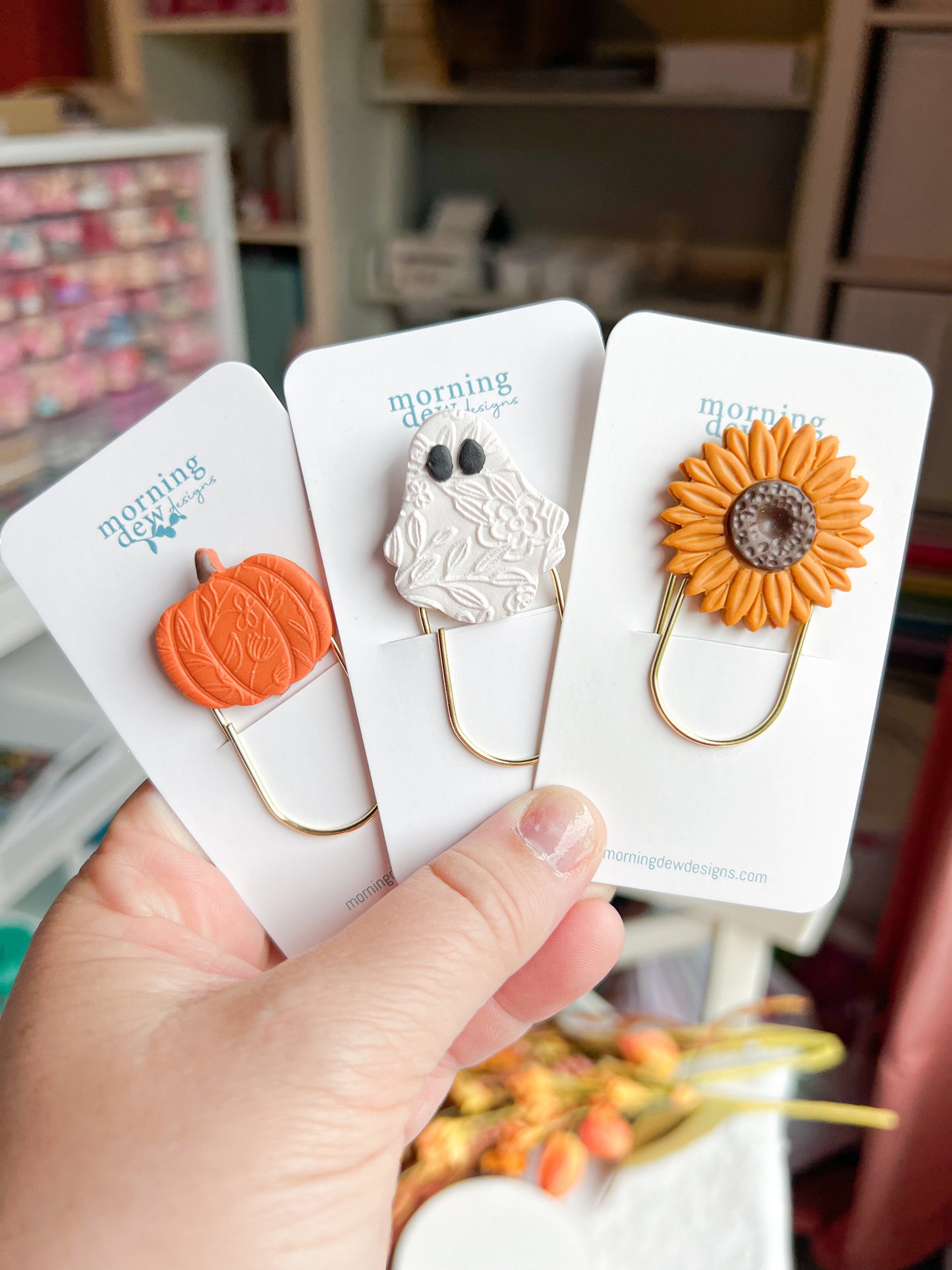 Floral Embossed Pumpkin Bookmark | Polymer Clay Paper Clip Bookmark