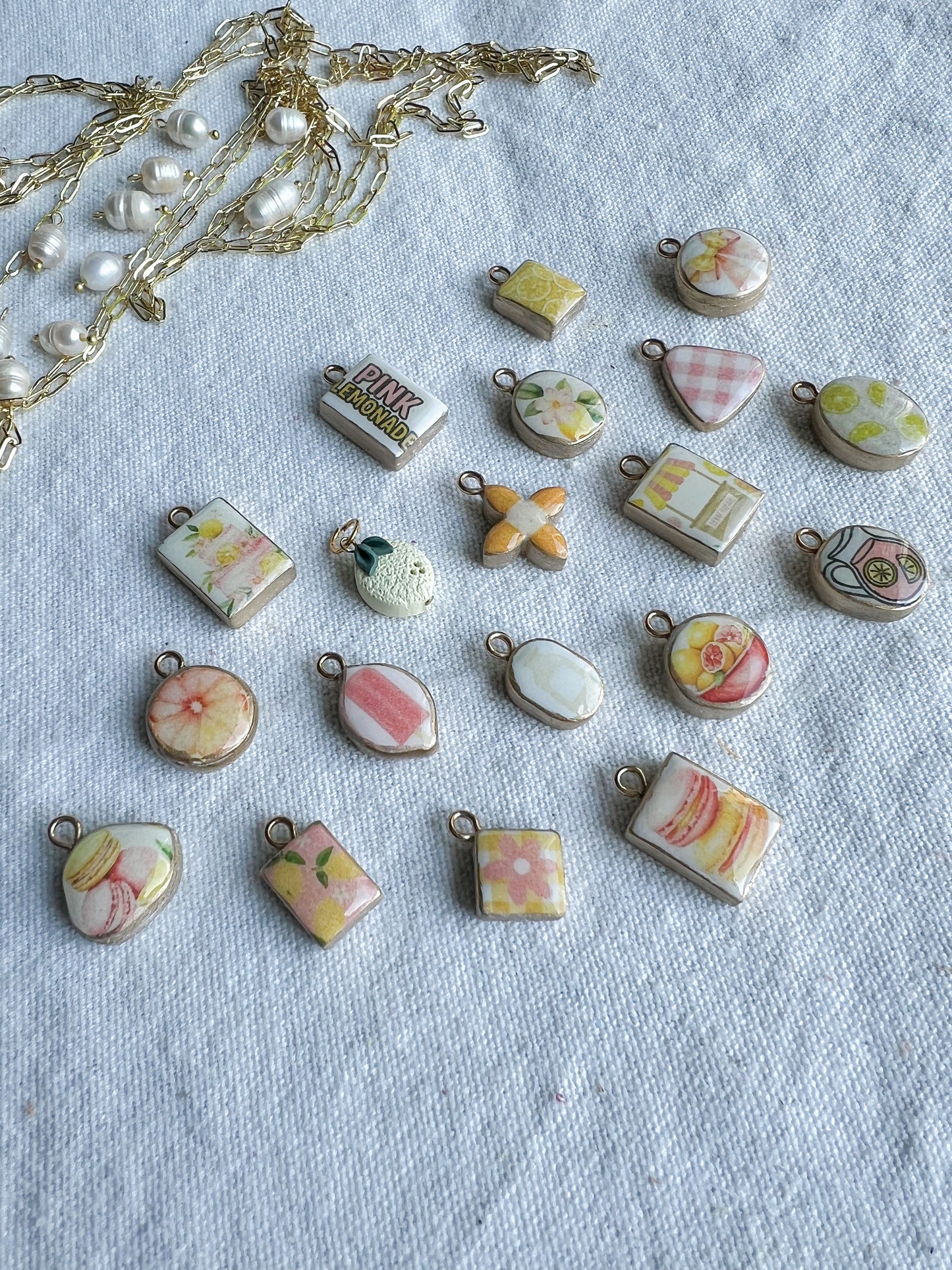Pink Lemonade Themed Transfer Paper Designed Polymer Clay Necklace Charms (Charms Only)