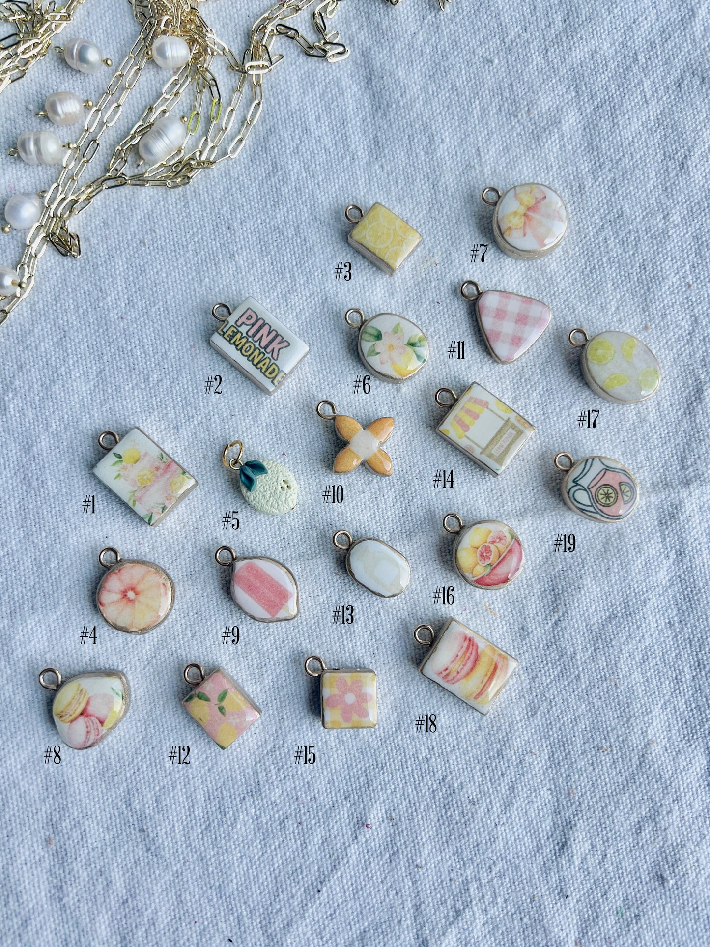 Pink Lemonade Themed Transfer Paper Designed Polymer Clay Necklace Charms (Charms Only)