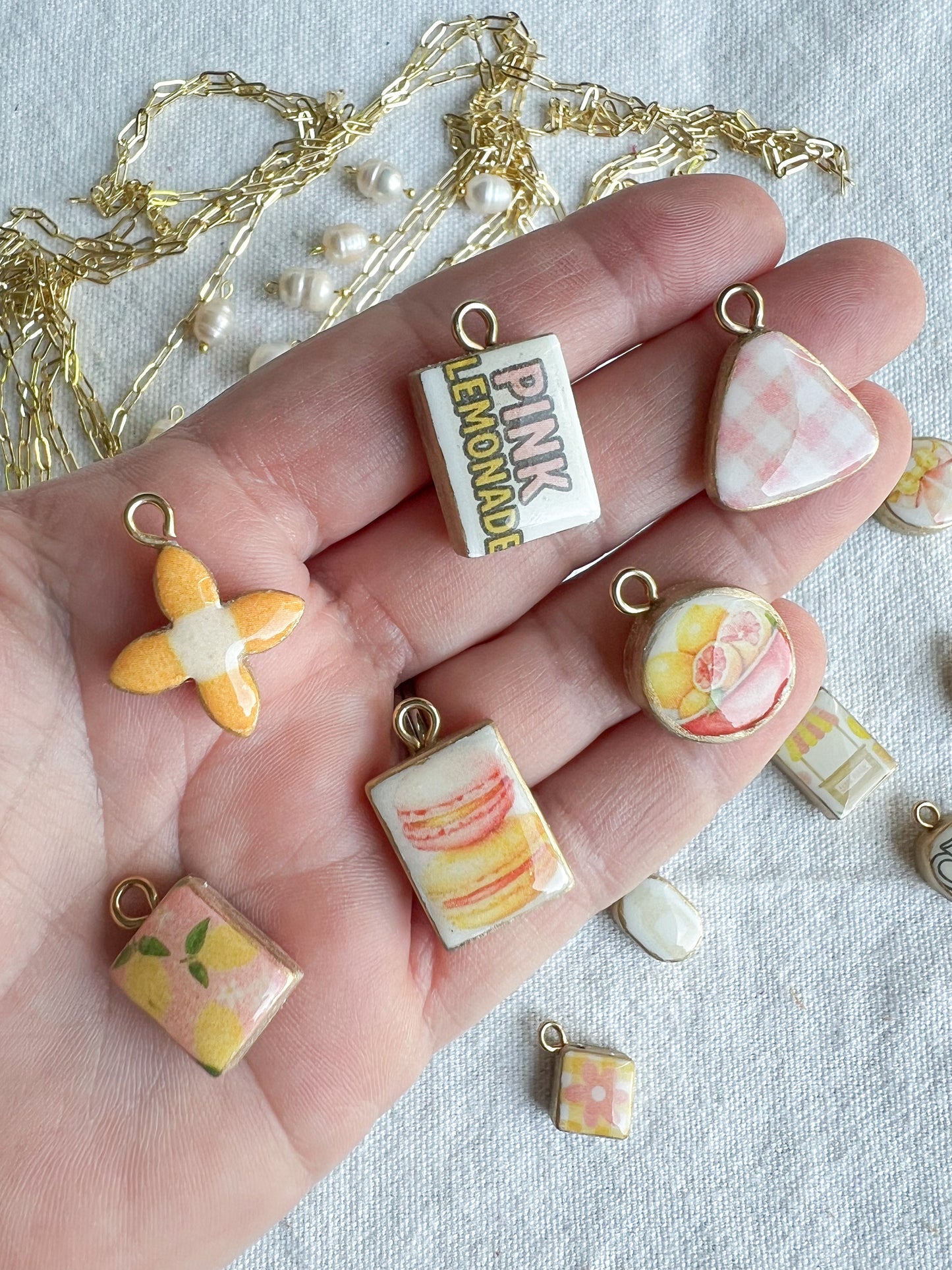 Pink Lemonade Themed Transfer Paper Designed Polymer Clay Necklace Charms (Charms Only)