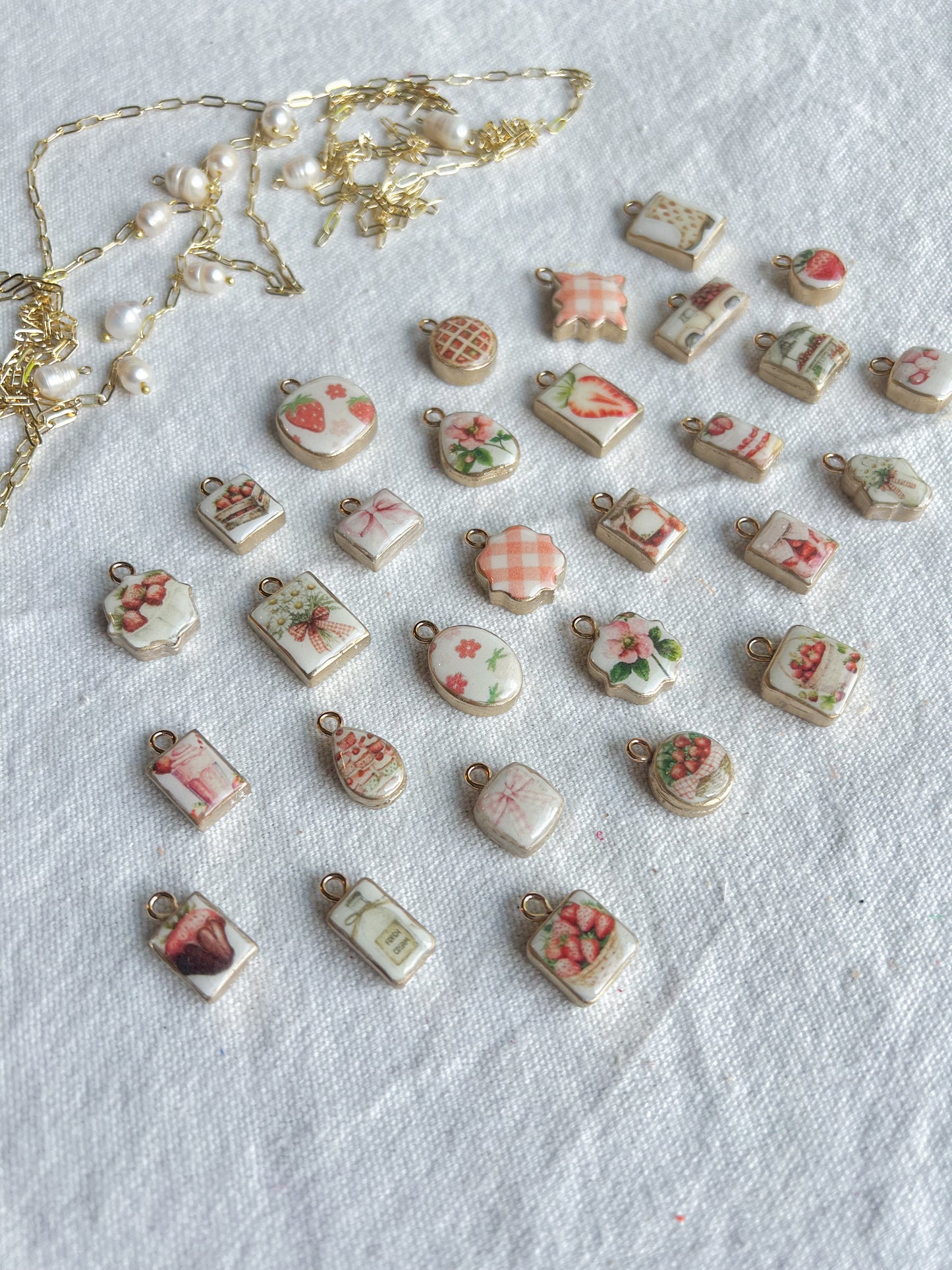Strawberry Themed Transfer Paper Designed Polymer Clay Necklace Charms (Charms Only)