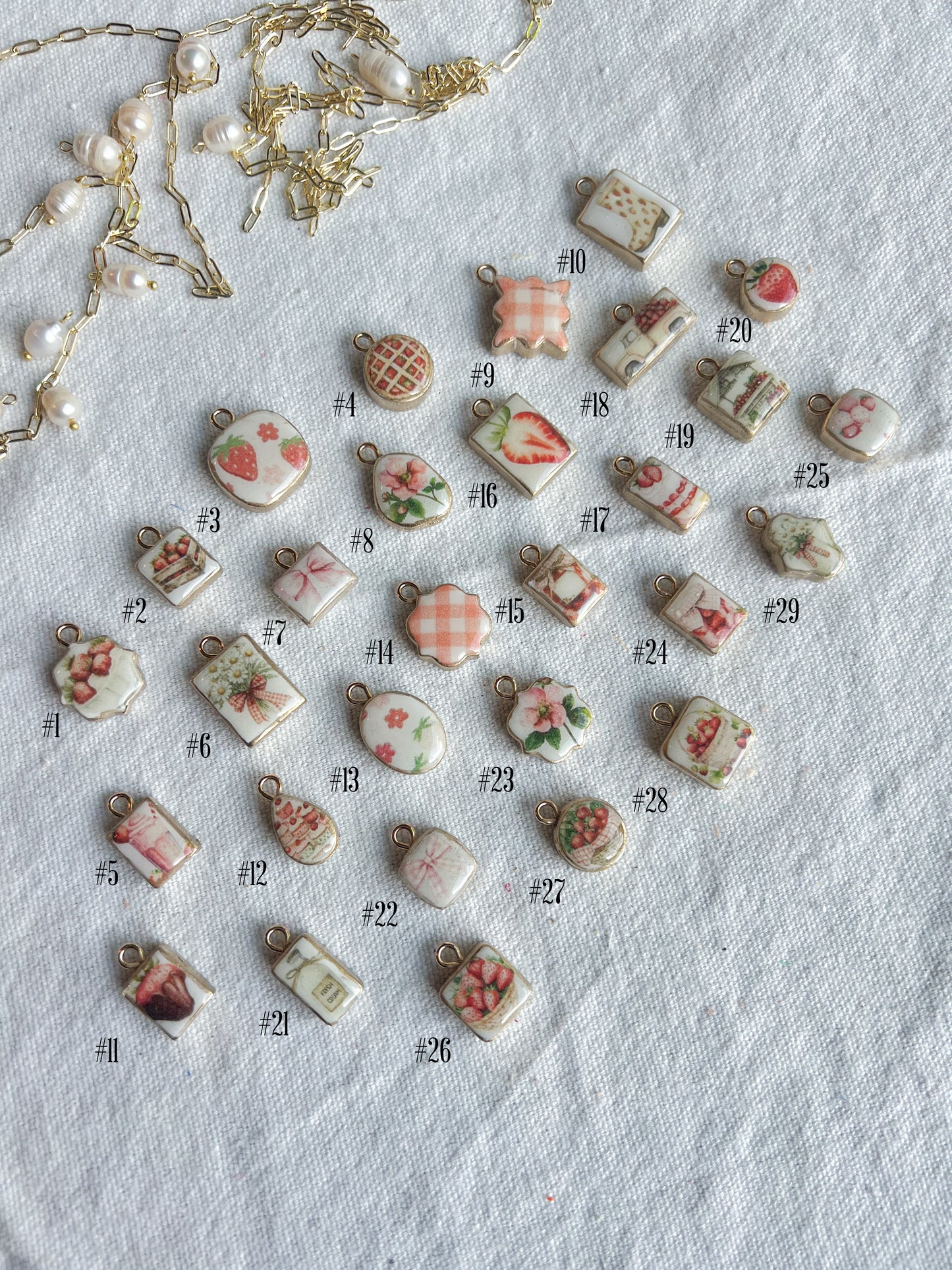 Strawberry Themed Transfer Paper Designed Polymer Clay Necklace Charms (Charms Only)