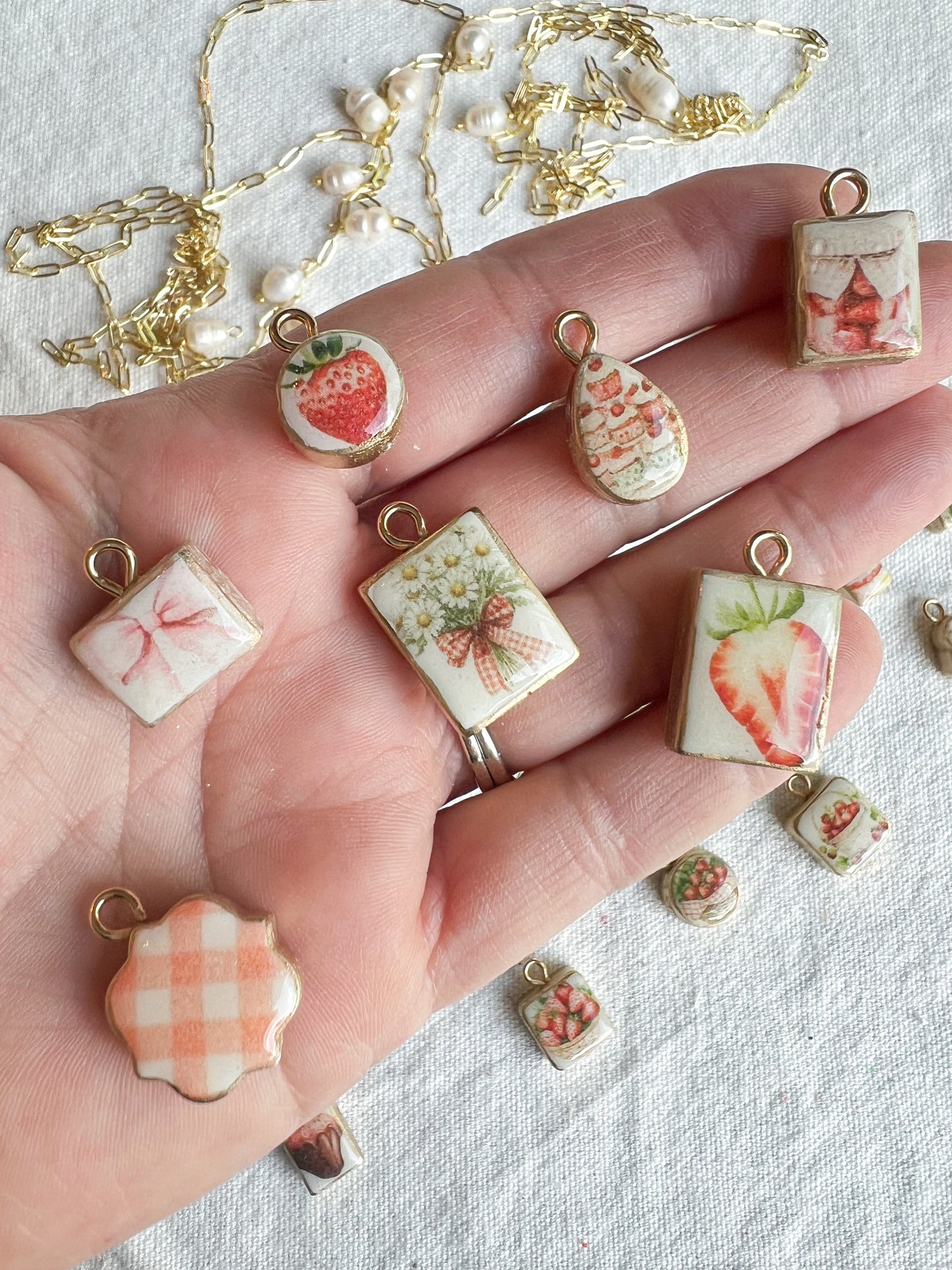 Strawberry Themed Transfer Paper Designed Polymer Clay Necklace Charms (Charms Only)