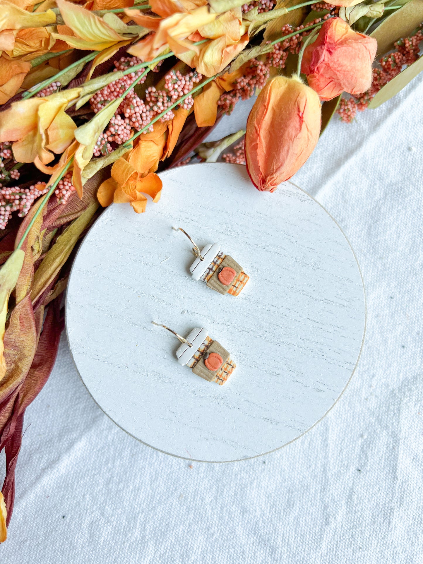 Tartan Patterned Pumpkin Spice Latte Polymer Clay Earrings