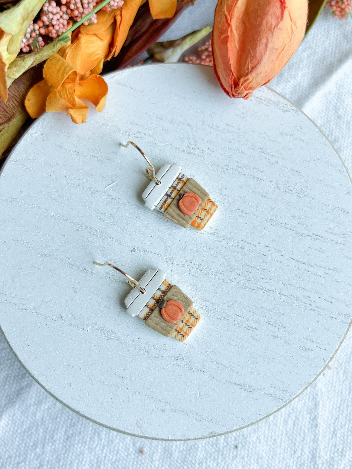 Tartan Patterned Pumpkin Spice Latte Polymer Clay Earrings