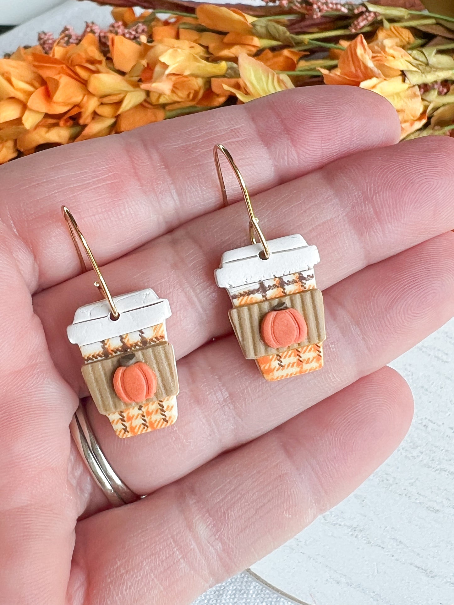 Tartan Patterned Pumpkin Spice Latte Polymer Clay Earrings