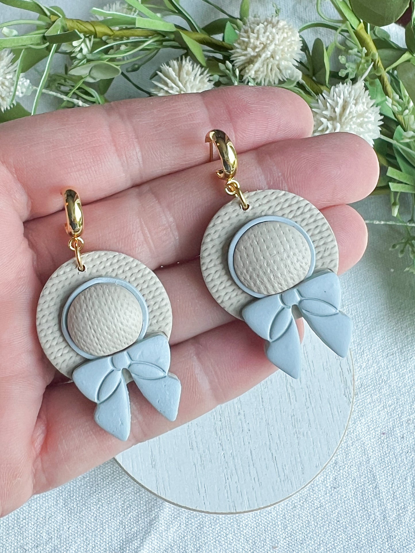 Straw Beach Hat with Bow Polymer Clay Earrings