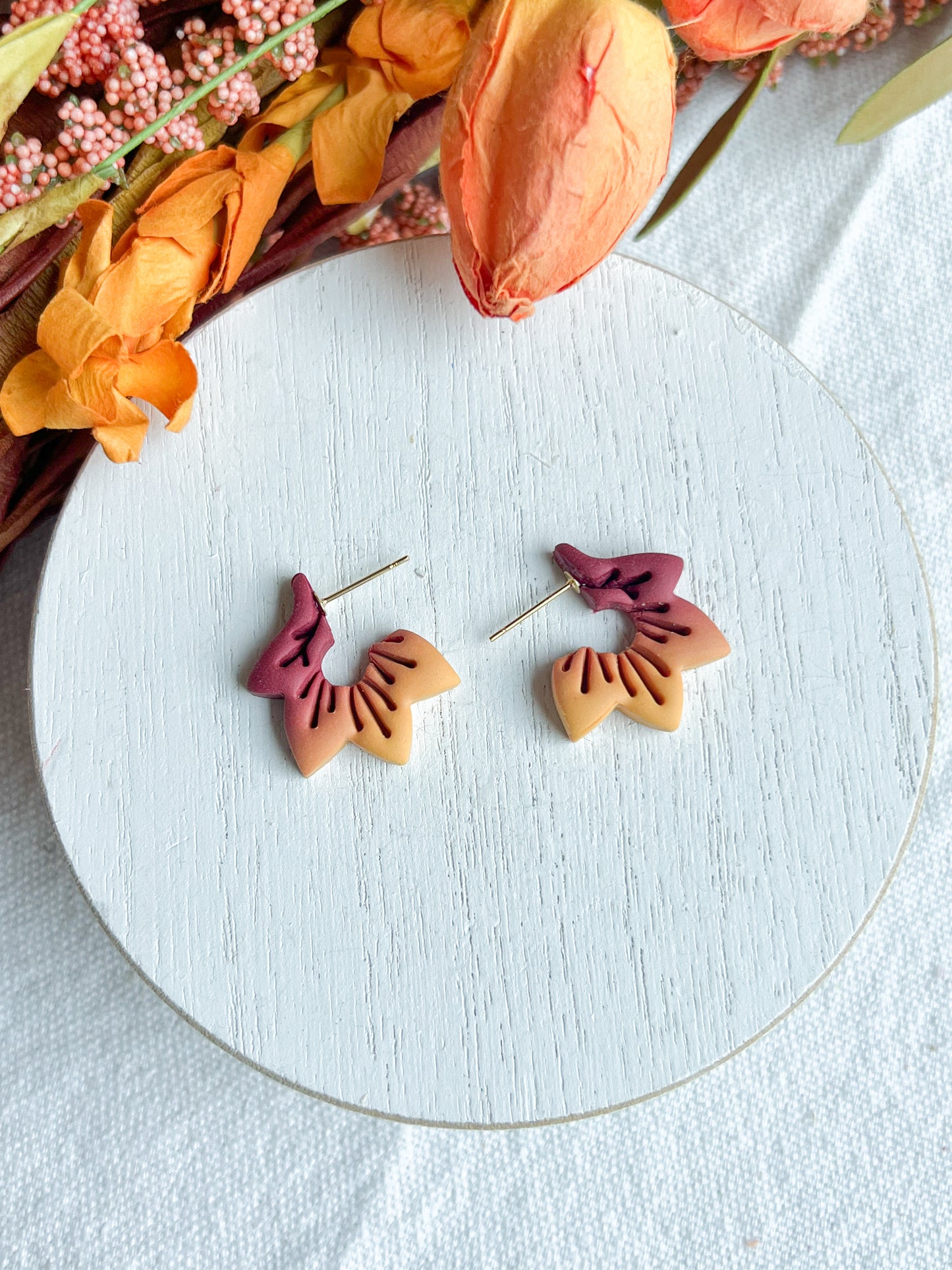 Ombre Fall Colored Leaf Polymer Clay Hoops