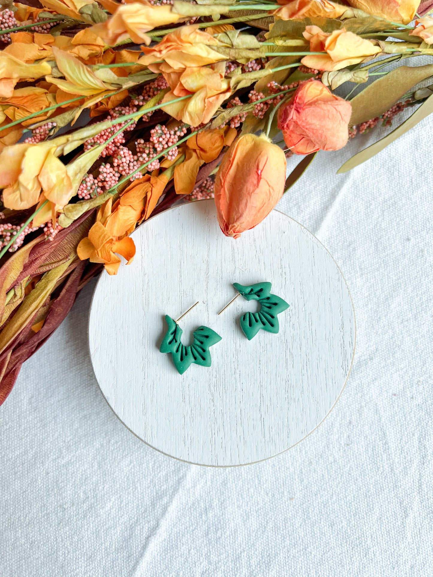 Green Fall Colored Leaf Polymer Clay Hoops