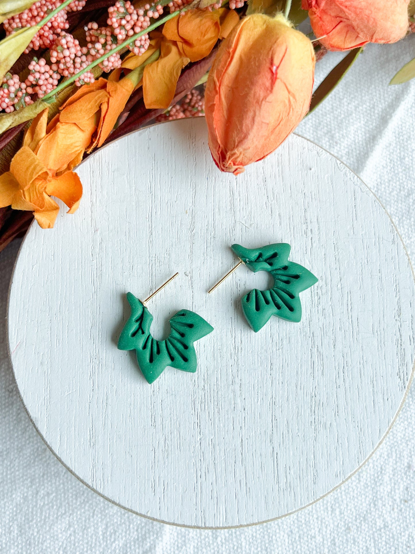 Green Fall Colored Leaf Polymer Clay Hoops