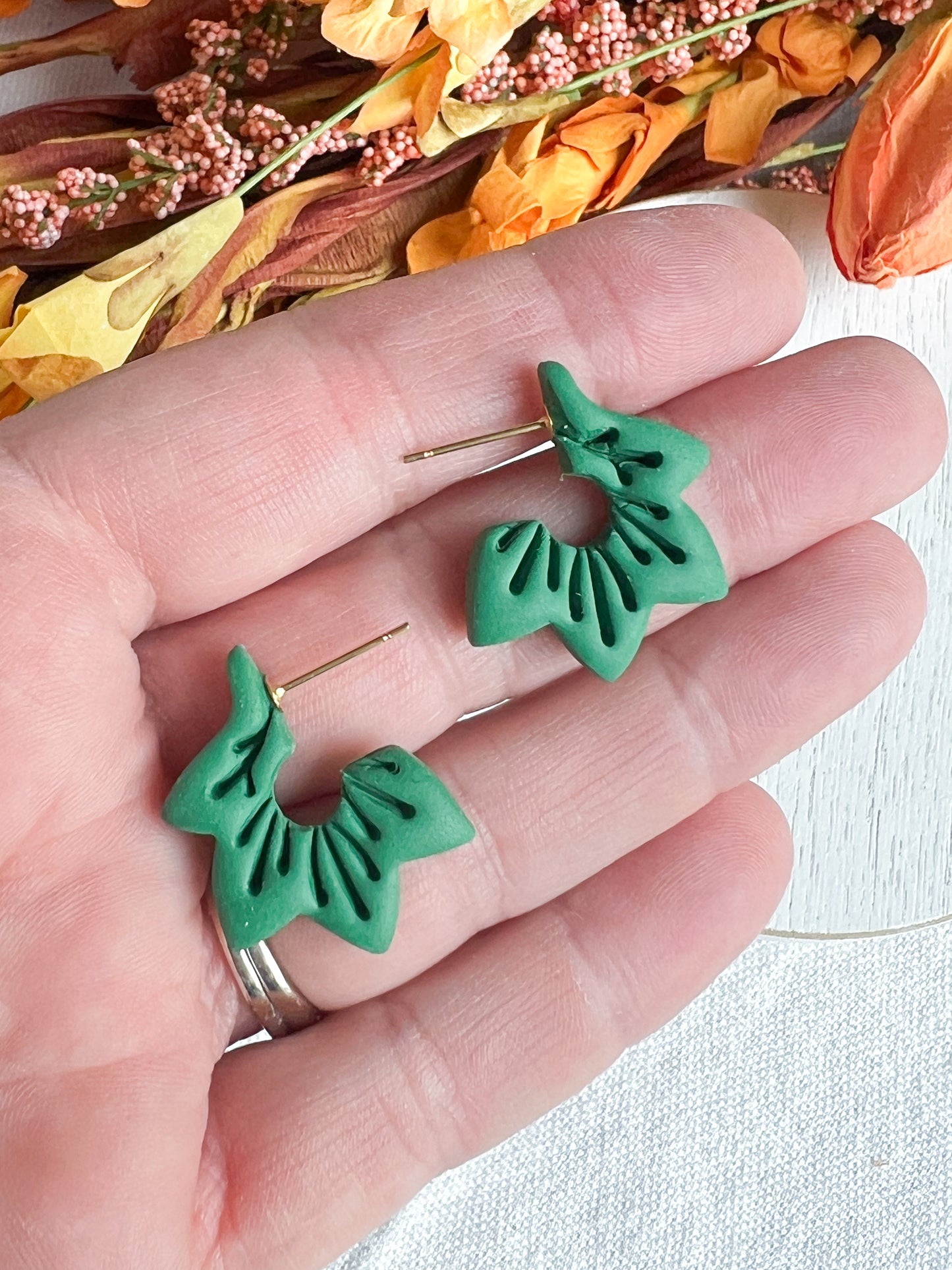 Green Fall Colored Leaf Polymer Clay Hoops
