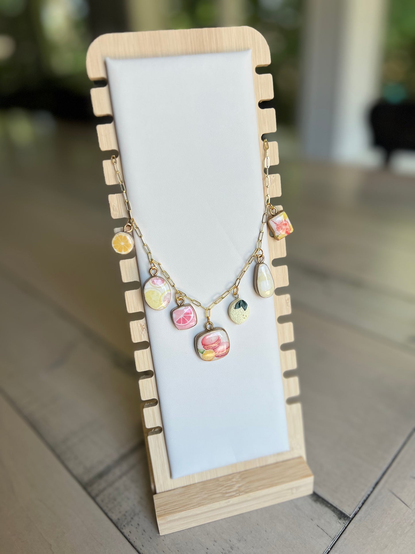 Pink Lemonade Macaron Themed Polymer Clay Charm Necklace