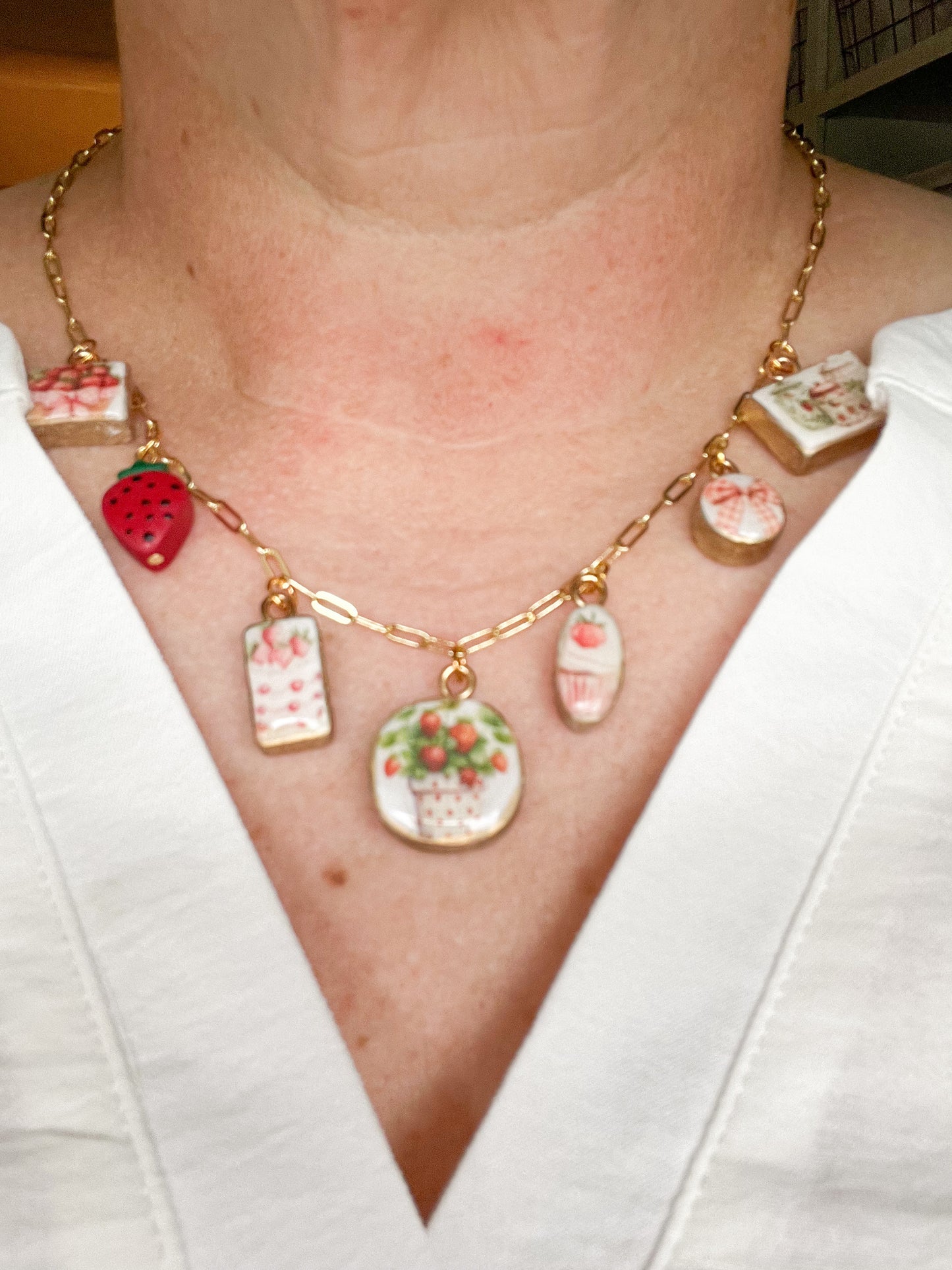 Strawberry Shortcake Themed Polymer Clay Charm Necklace