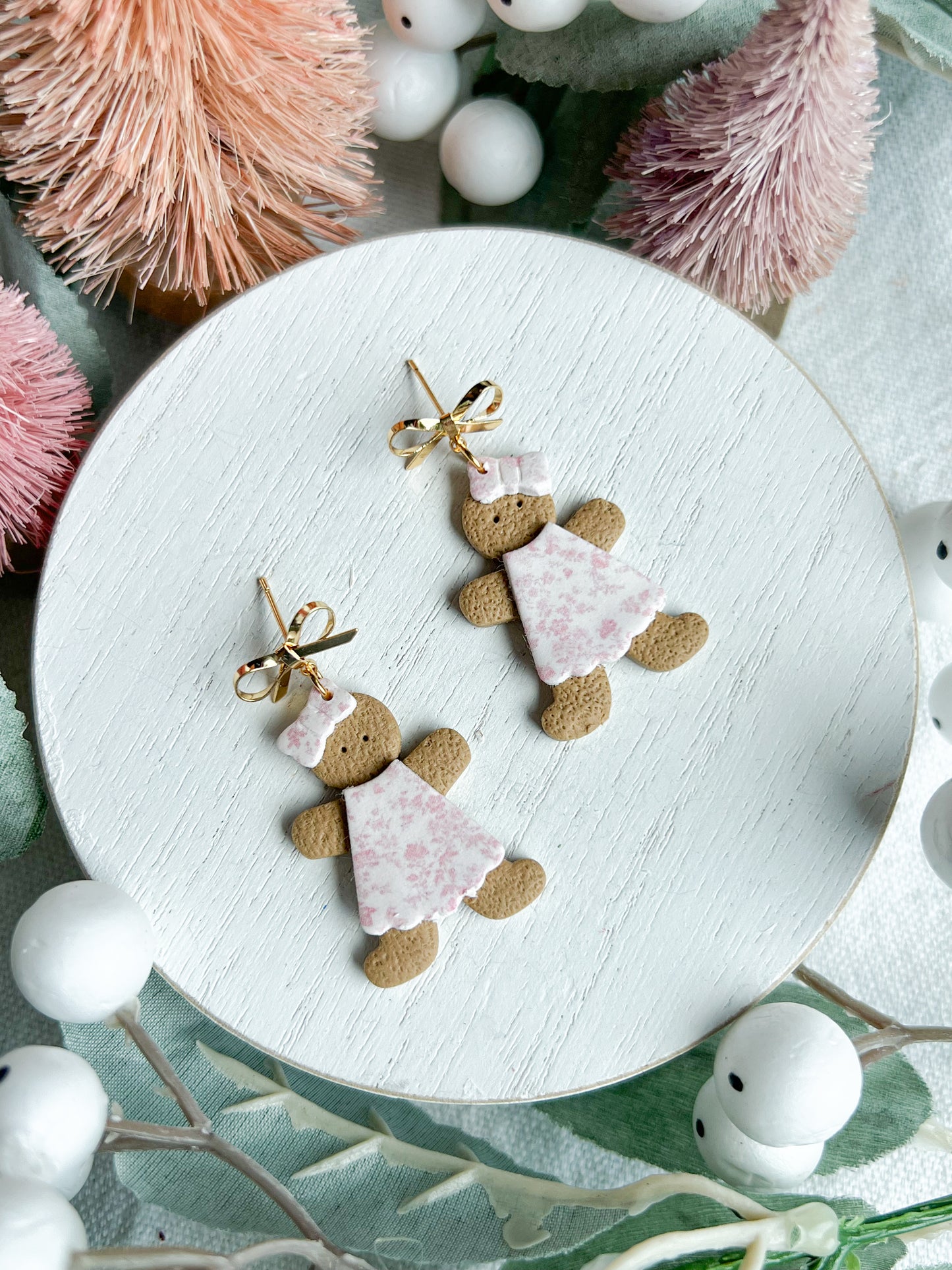 Gingerbread Girl in Pink Floral Dress Polymer Clay Earrings