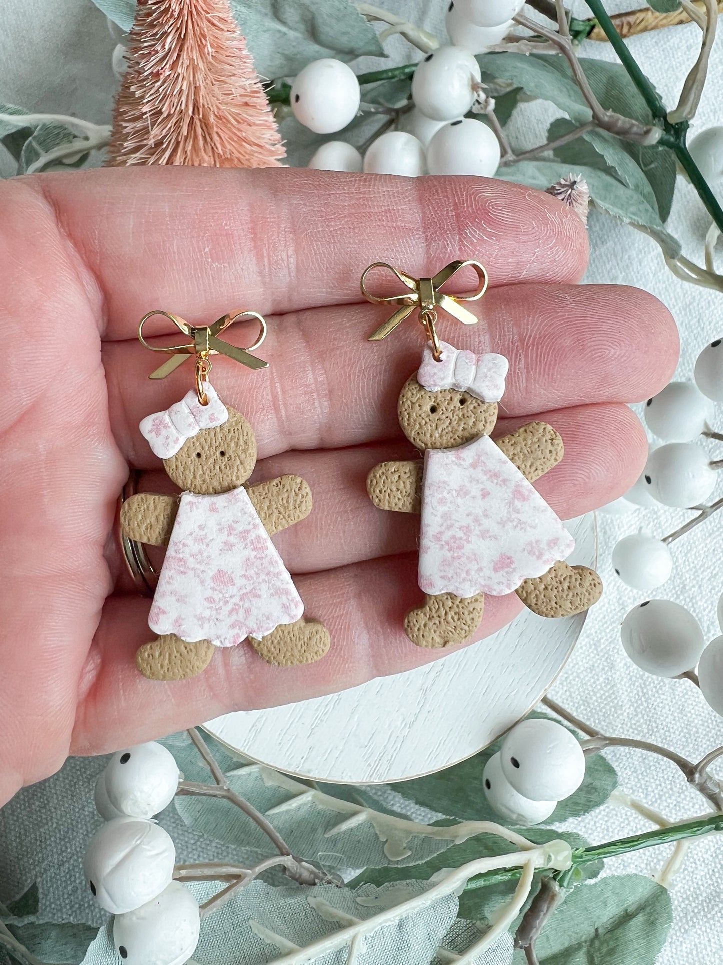 Gingerbread Girl in Pink Floral Dress Polymer Clay Earrings