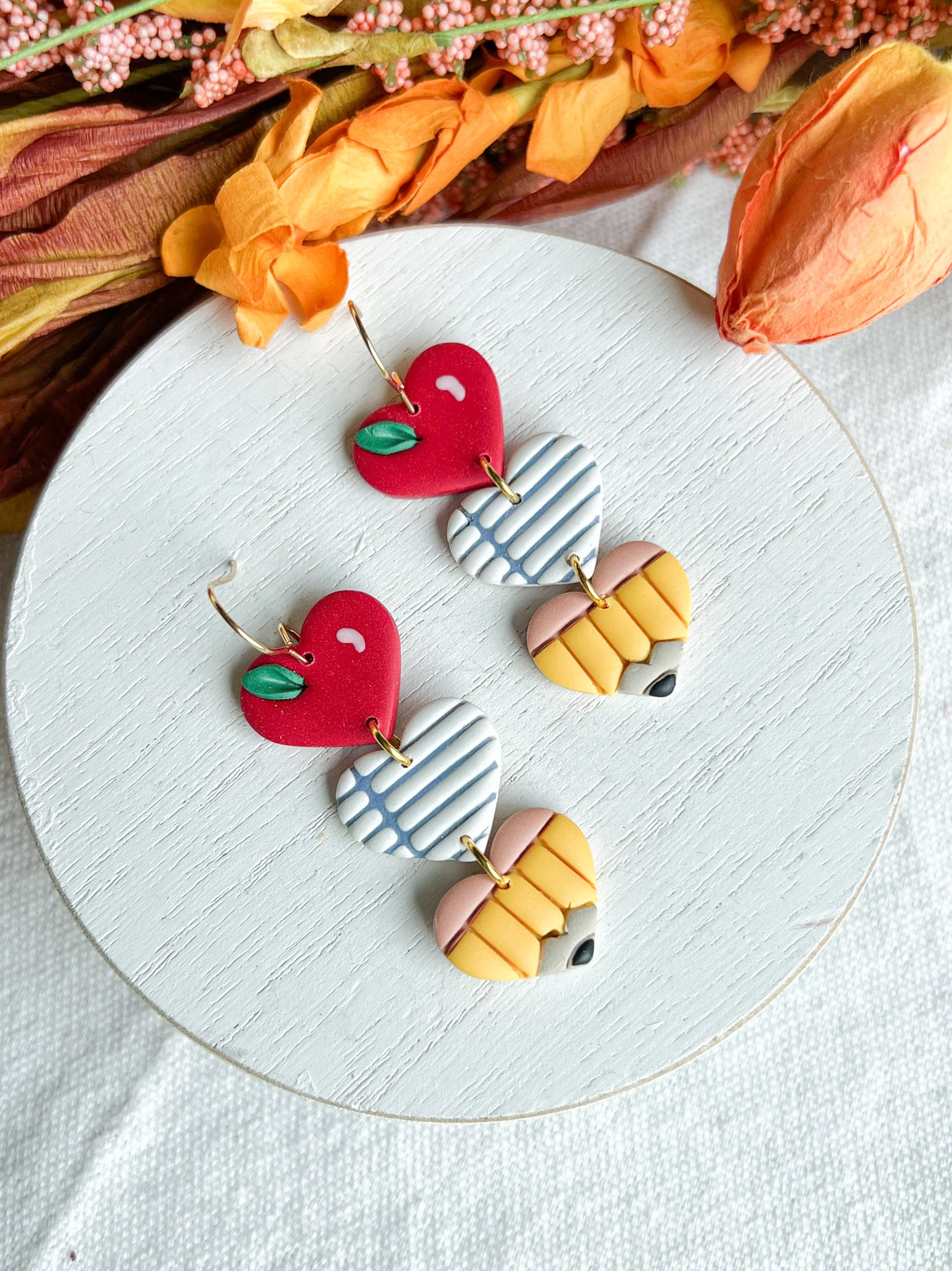 Apple, Paper Pencil Heart Polymer Clay Earrings | Teacher Earrings | Back to School Earrings | Teacher Gift