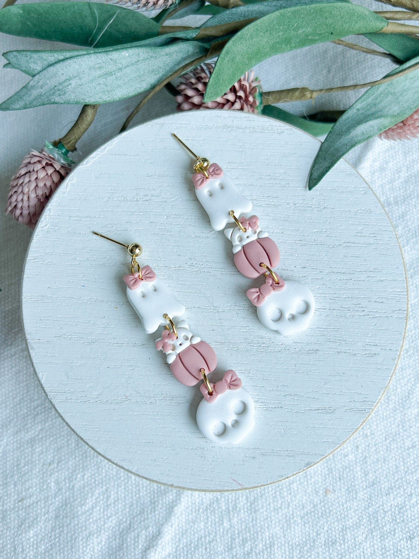 Three Tiered Ghost, Kitty Pumpkin, Skull Halloween Dangles