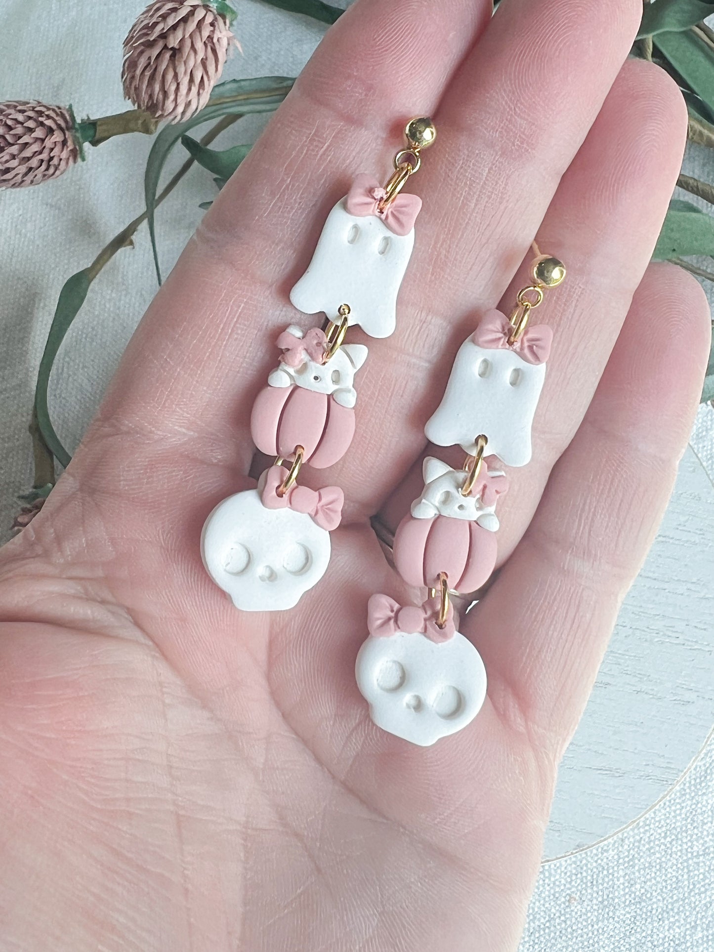 Three Tiered Ghost, Kitty Pumpkin, Skull Halloween Dangles