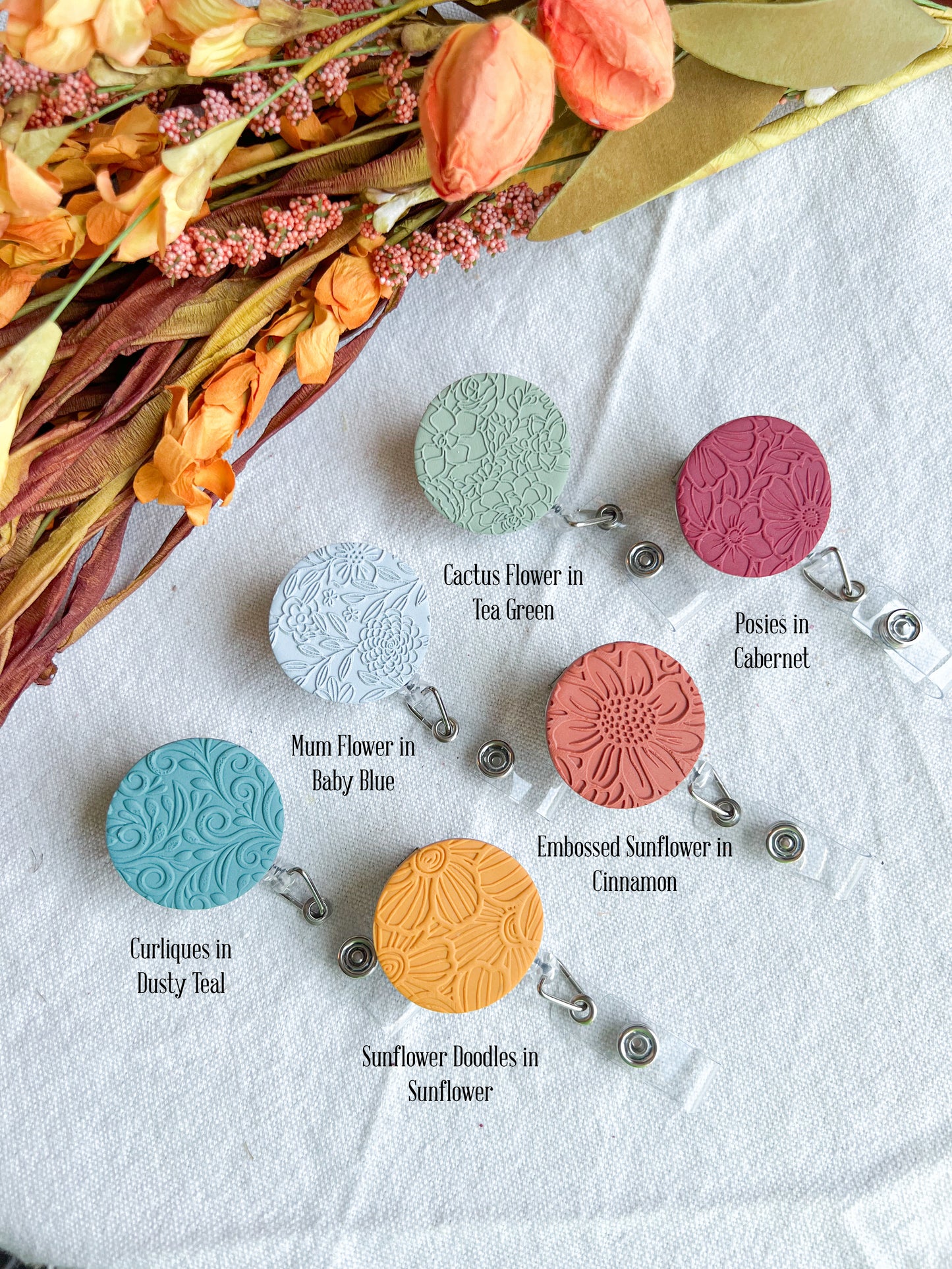 Colorful Fall Floral Textured Polymer Clay Badges | Nurse and Teacher Retractable Badges