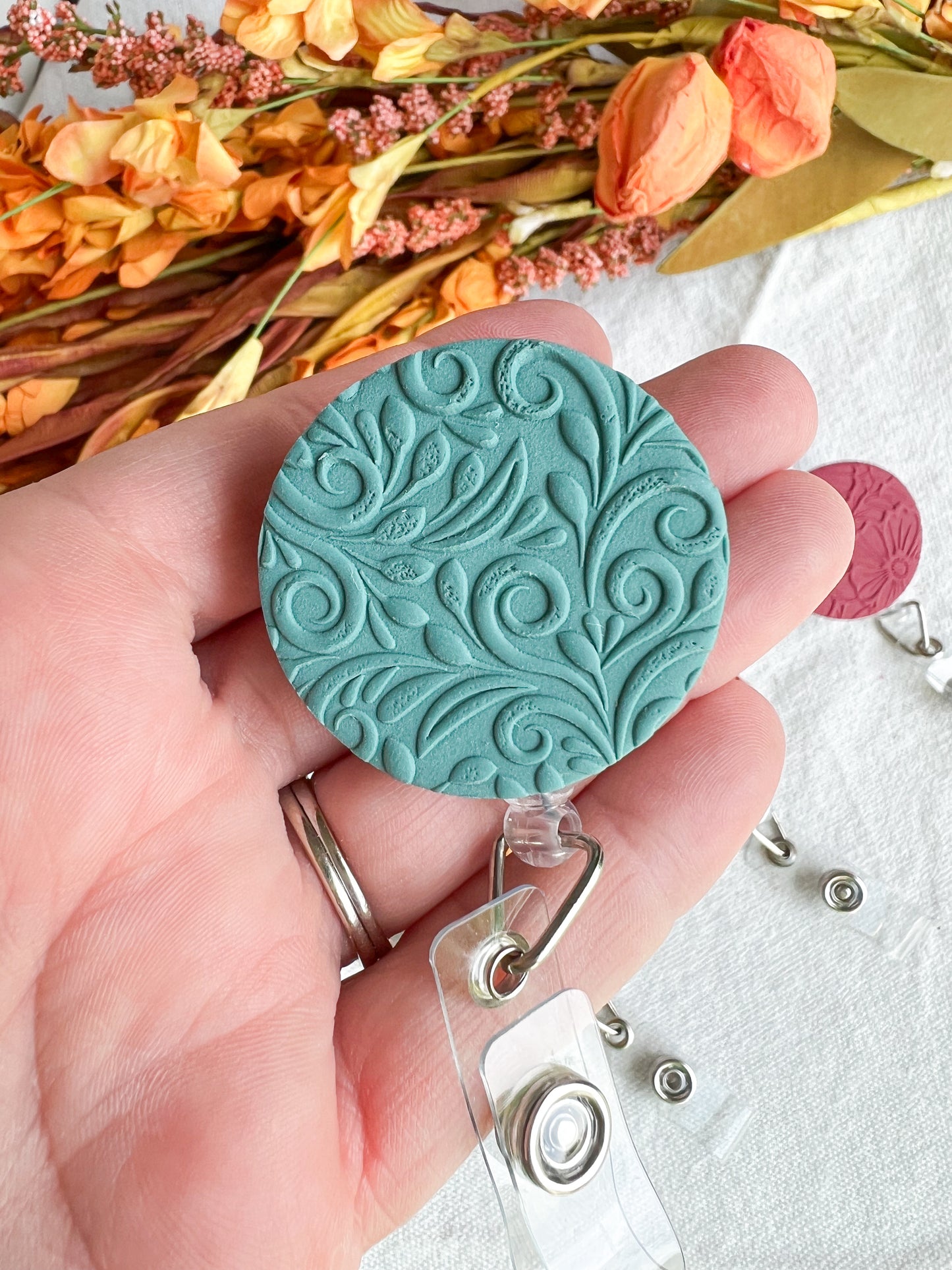 Colorful Fall Floral Textured Polymer Clay Badges | Nurse and Teacher Retractable Badges