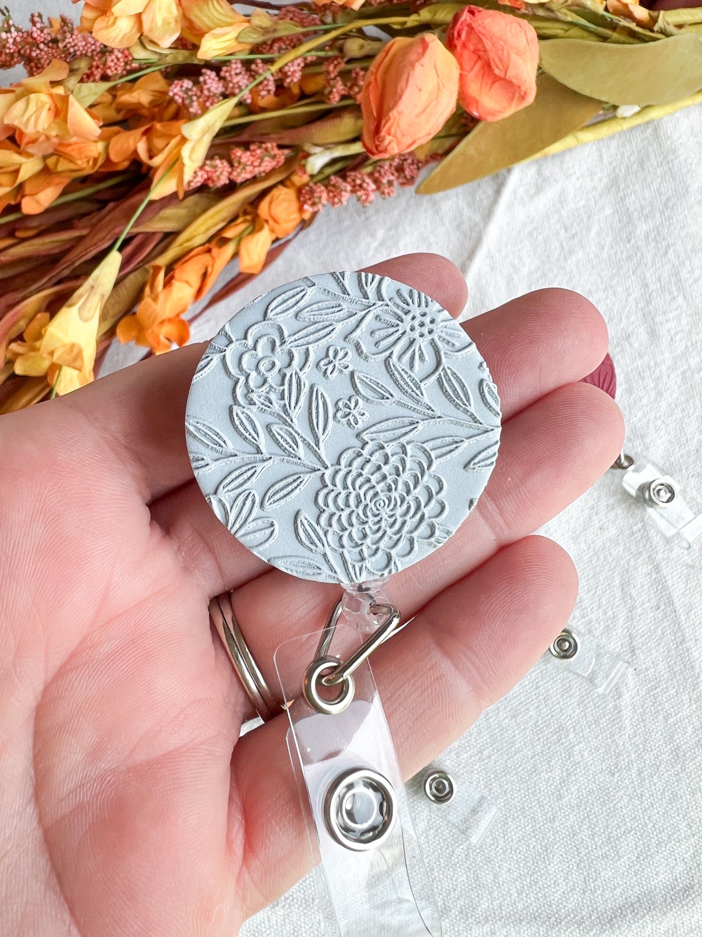 Colorful Fall Floral Textured Polymer Clay Badges | Nurse and Teacher Retractable Badges