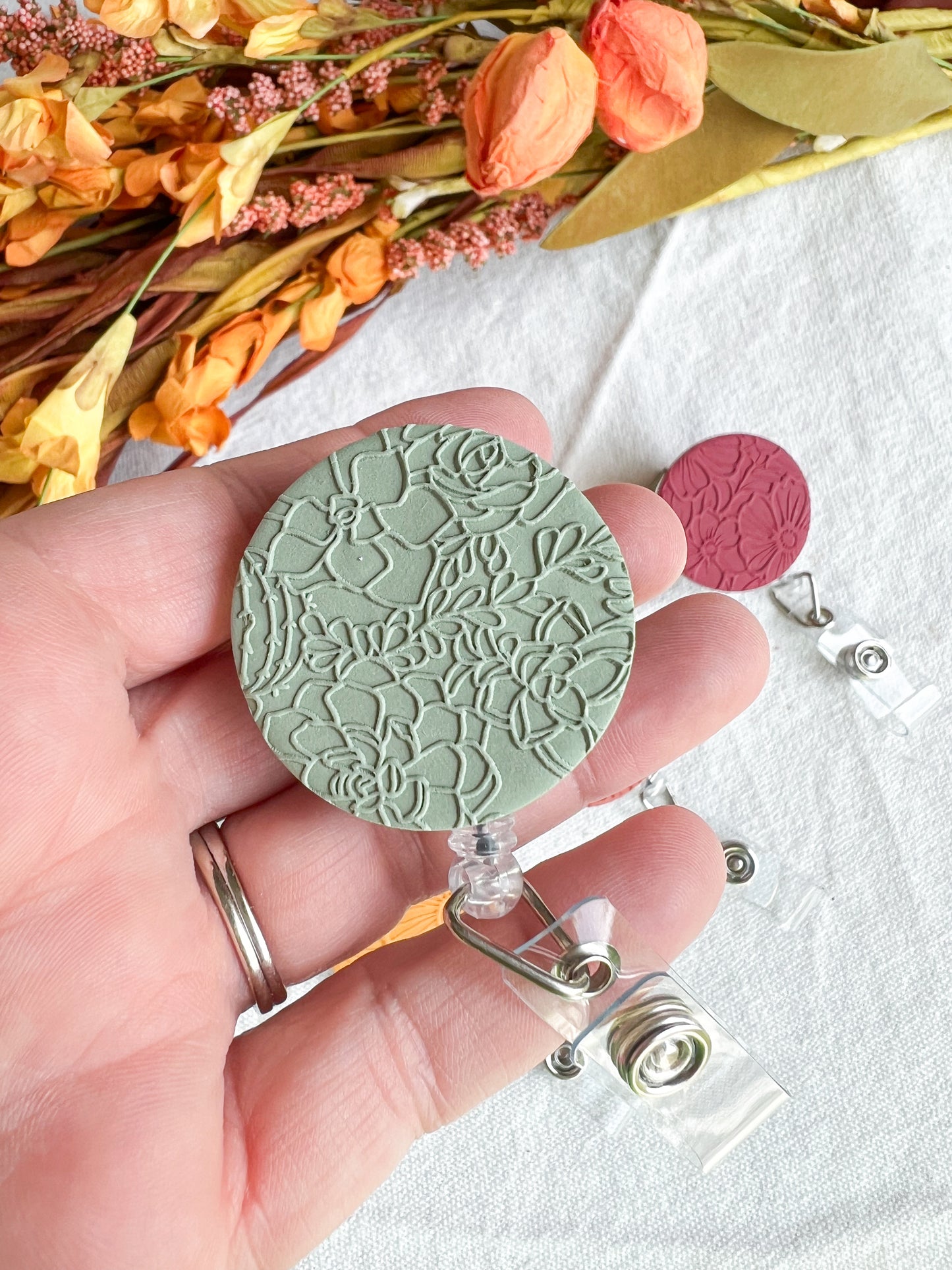 Colorful Fall Floral Textured Polymer Clay Badges | Nurse and Teacher Retractable Badges
