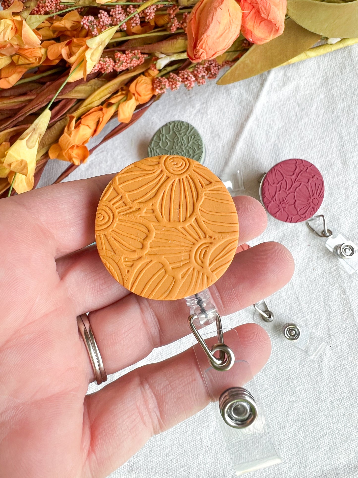 Colorful Fall Floral Textured Polymer Clay Badges | Nurse and Teacher Retractable Badges