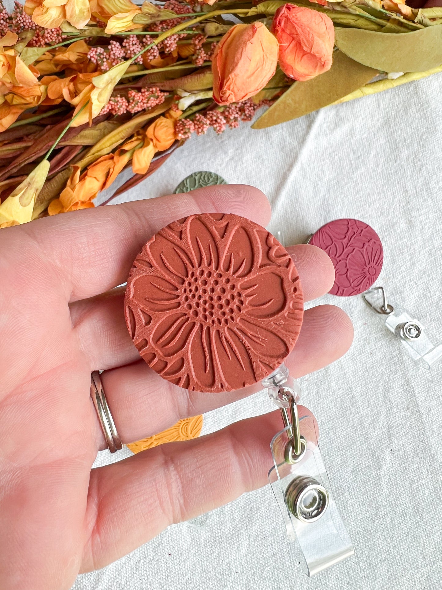 Colorful Fall Floral Textured Polymer Clay Badges | Nurse and Teacher Retractable Badges