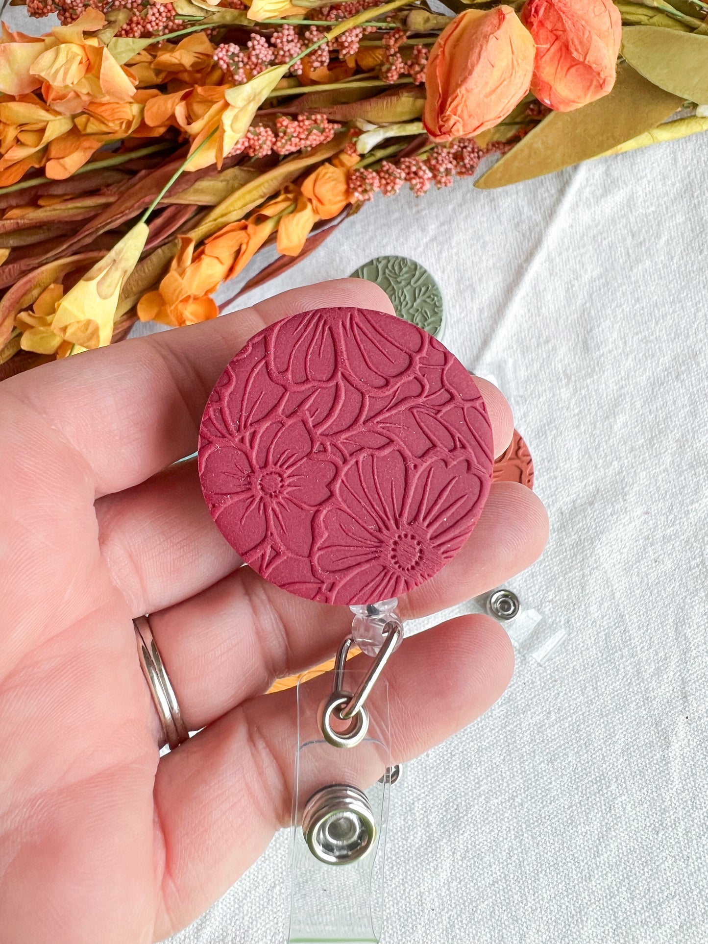 Colorful Fall Floral Textured Polymer Clay Badges | Nurse and Teacher Retractable Badges