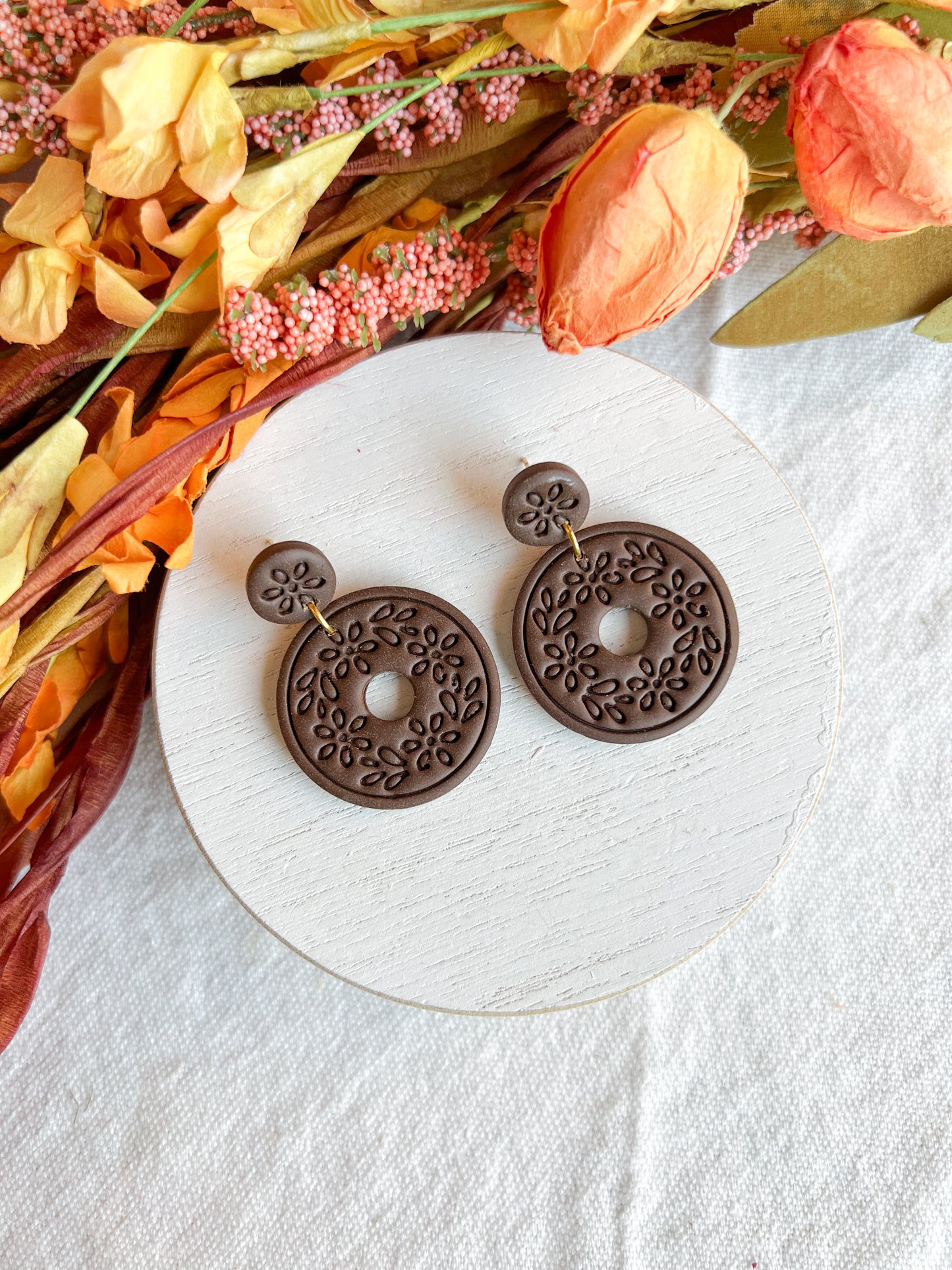 Chocolate Brown Floral Embossed Boho Donut Polymer Clay Earrings