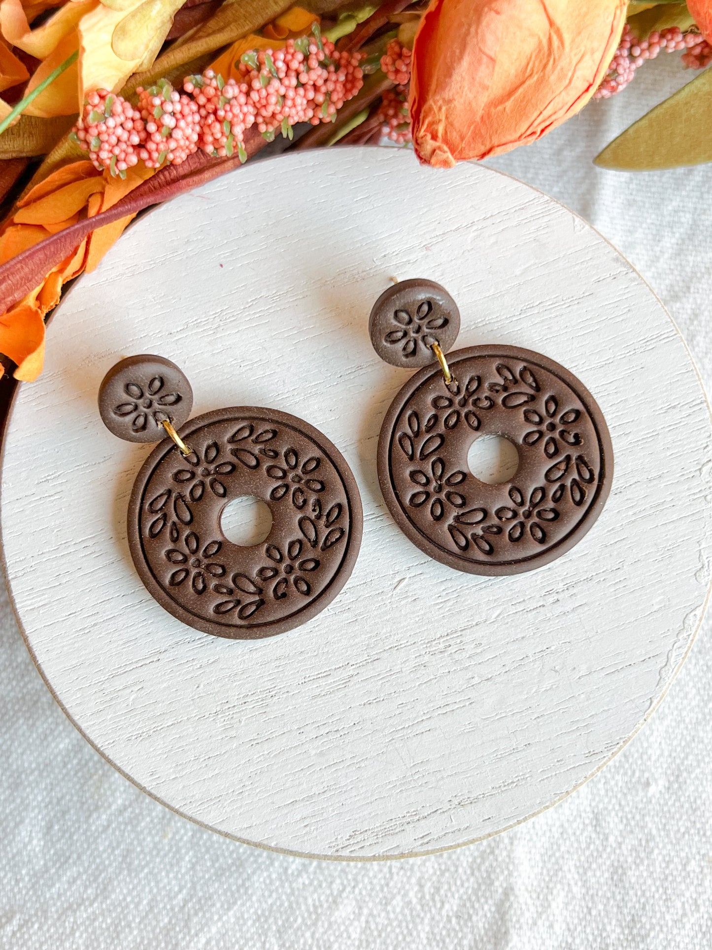 Chocolate Brown Floral Embossed Boho Donut Polymer Clay Earrings