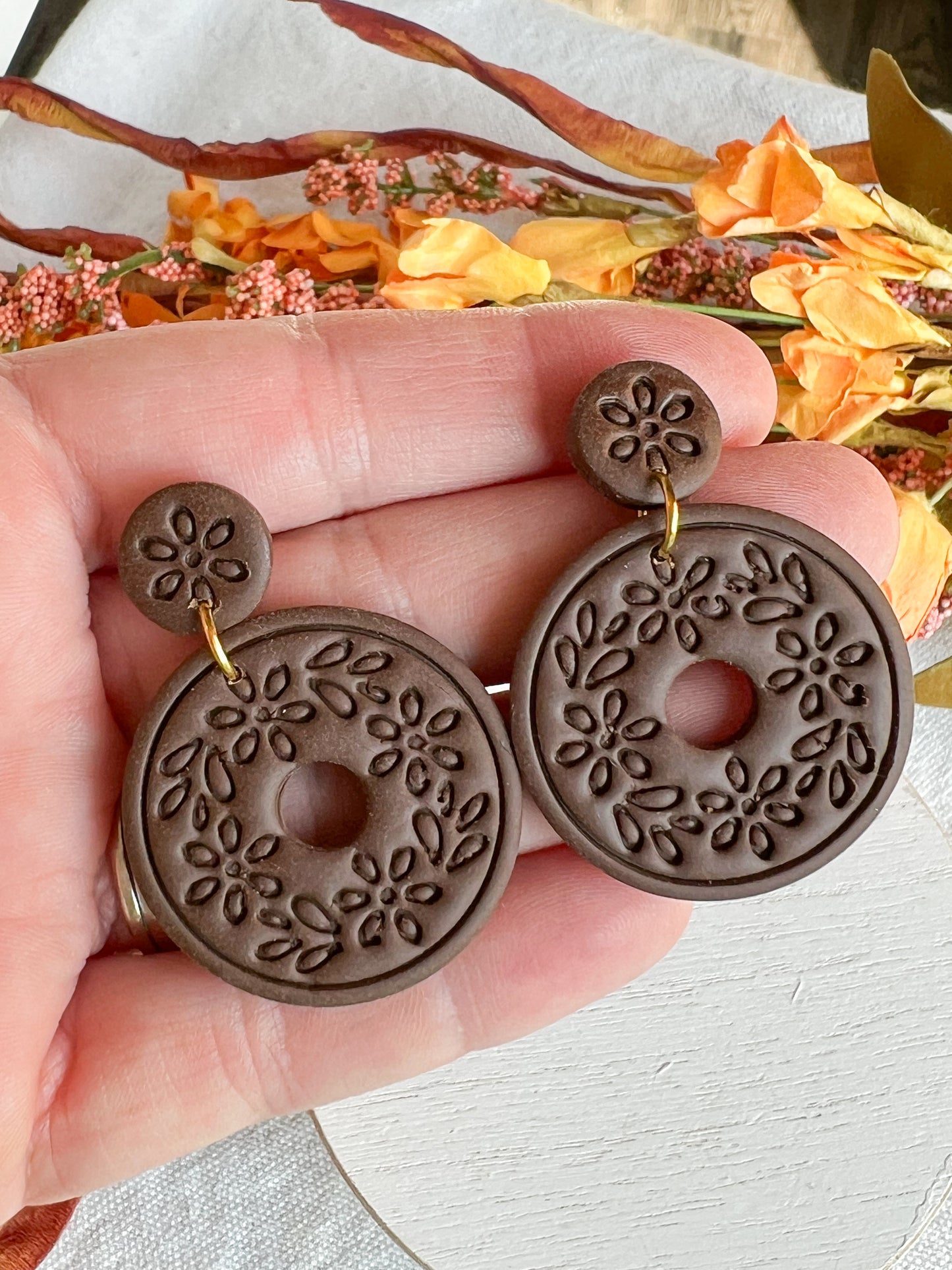 Chocolate Brown Floral Embossed Boho Donut Polymer Clay Earrings