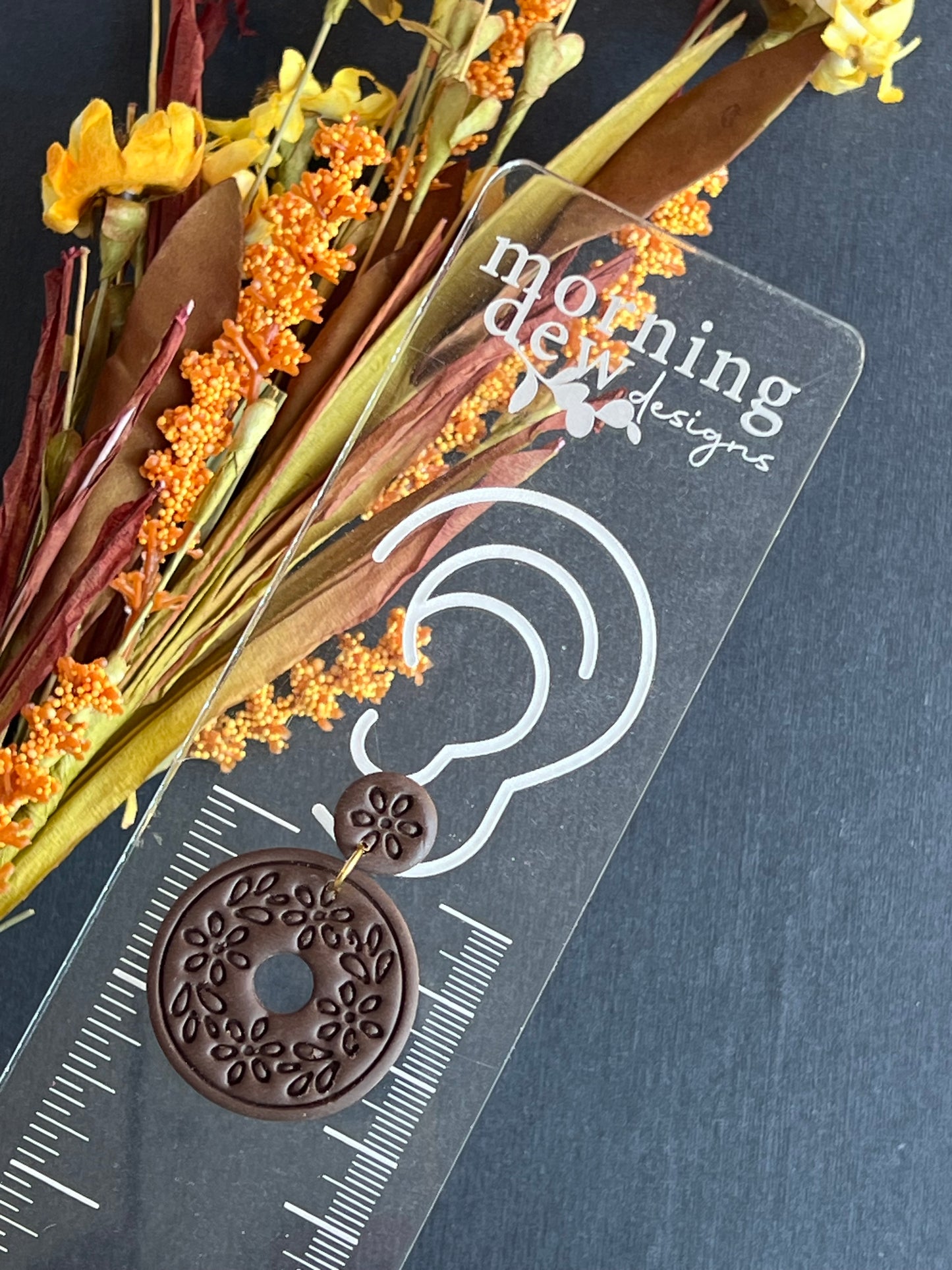 Chocolate Brown Floral Embossed Boho Donut Polymer Clay Earrings