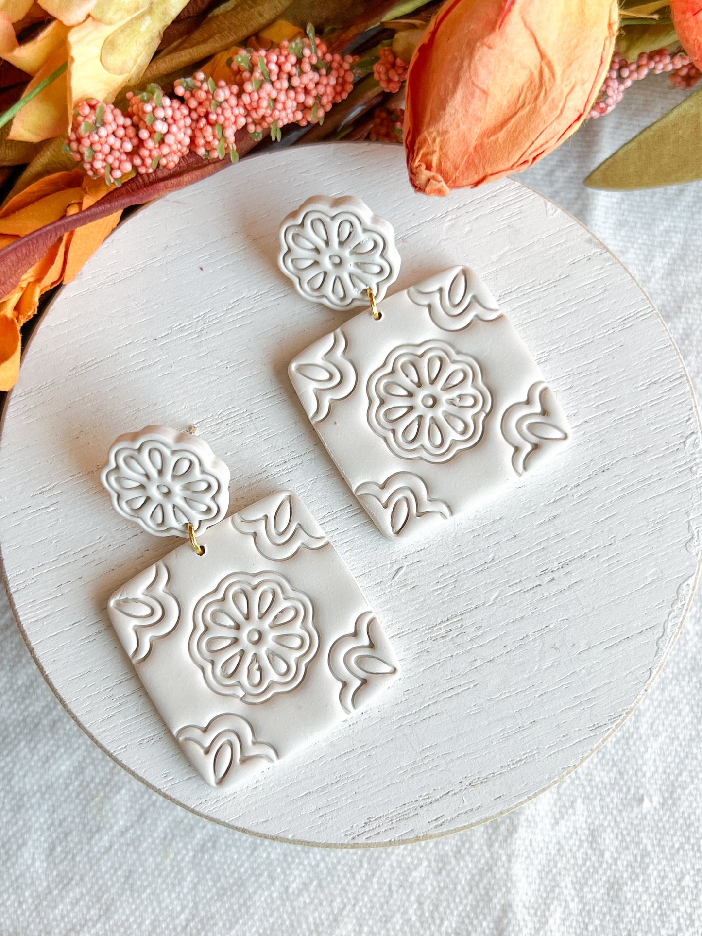 White Floral Embossed Boho Tile Polymer Clay Earrings