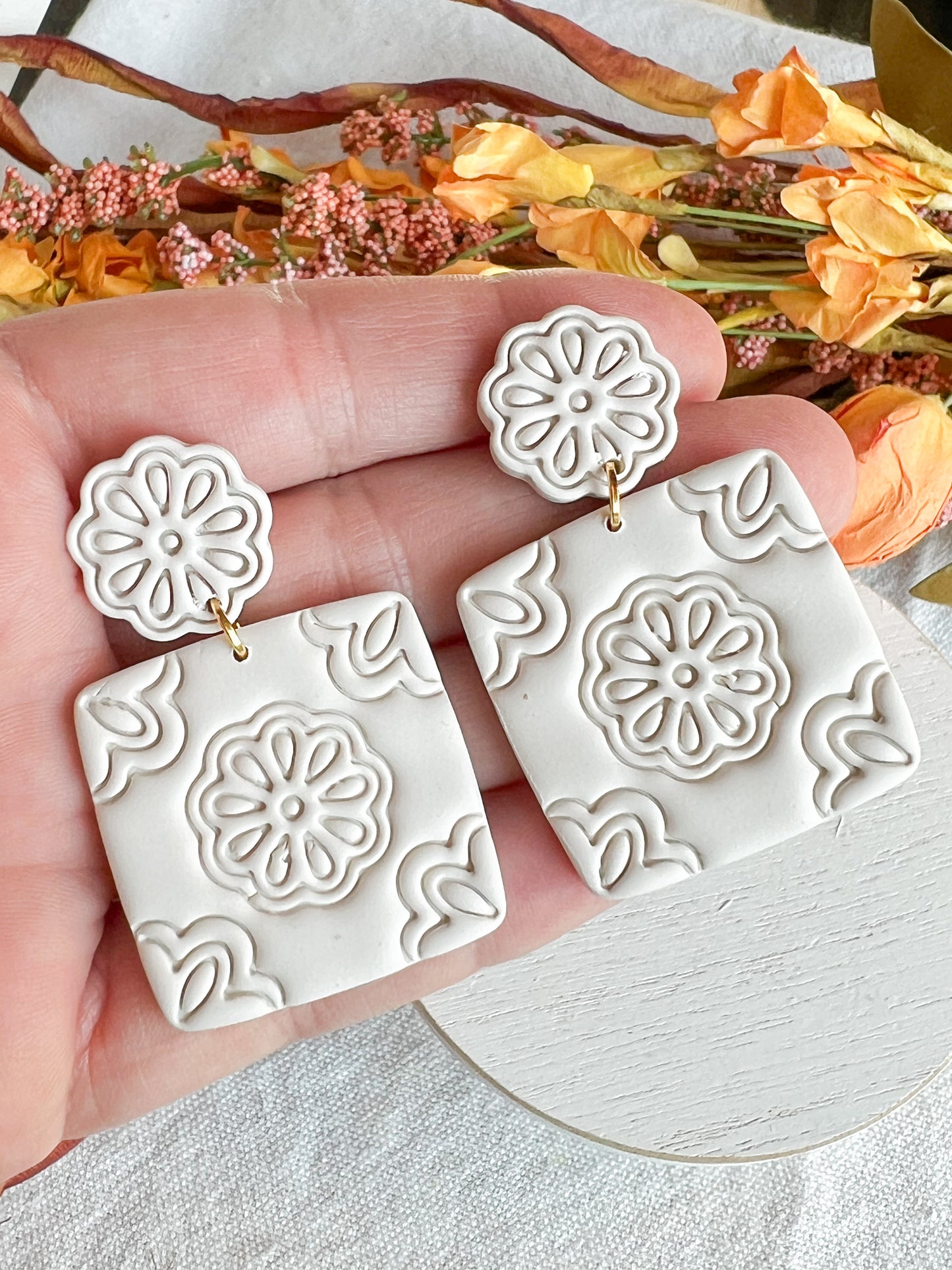 White Floral Embossed Boho Tile Polymer Clay Earrings