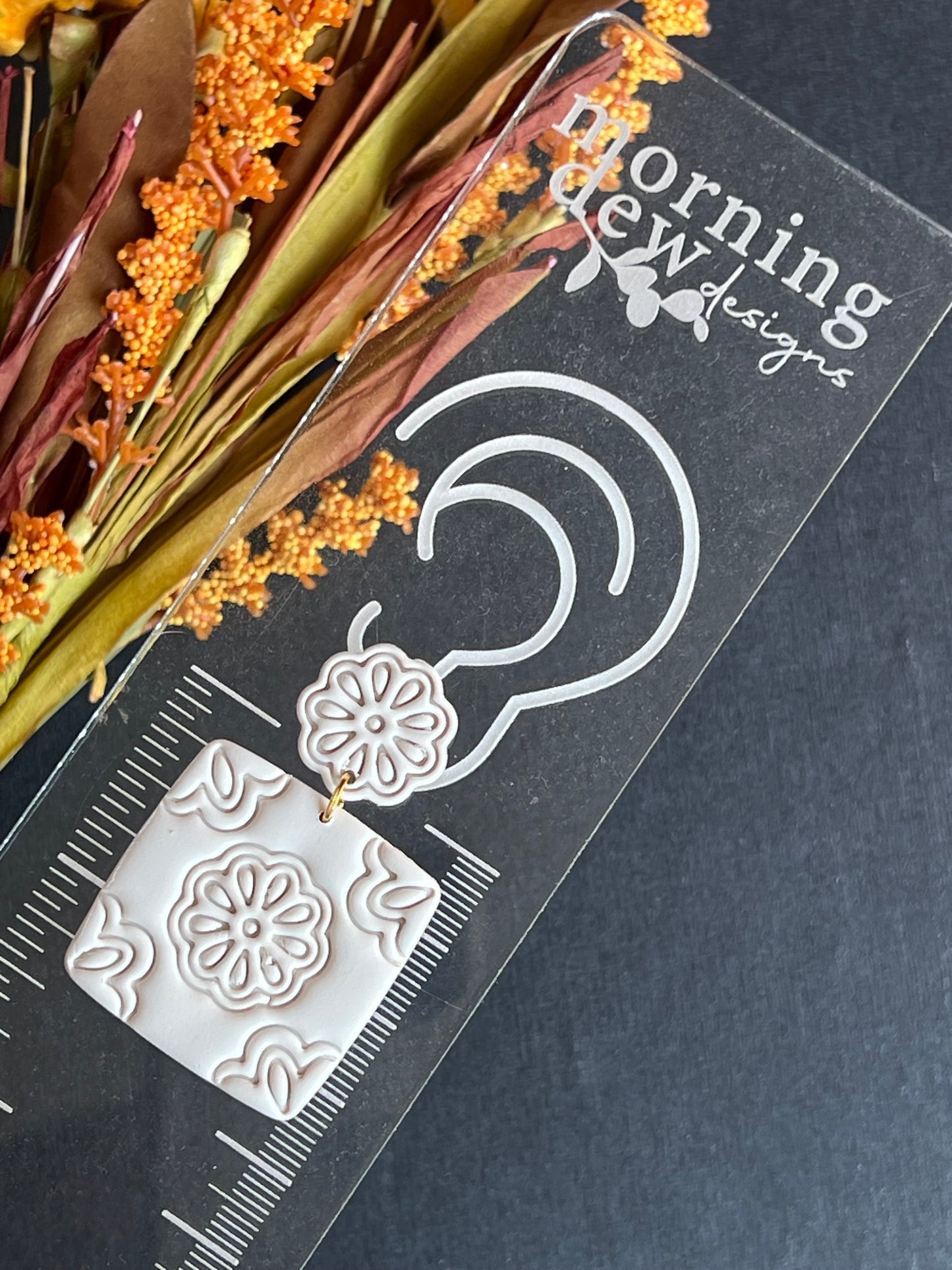 White Floral Embossed Boho Tile Polymer Clay Earrings