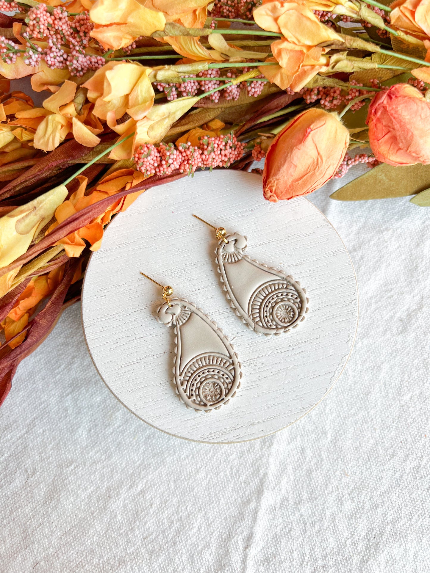 Neutral Taupe Boho Paisley Drop Polymer Clay Earrings