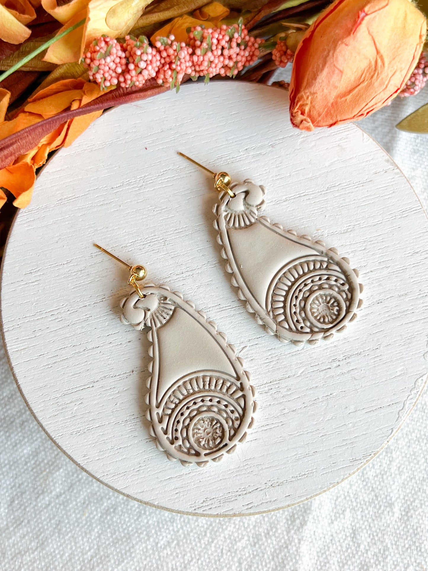 Neutral Taupe Boho Paisley Drop Polymer Clay Earrings