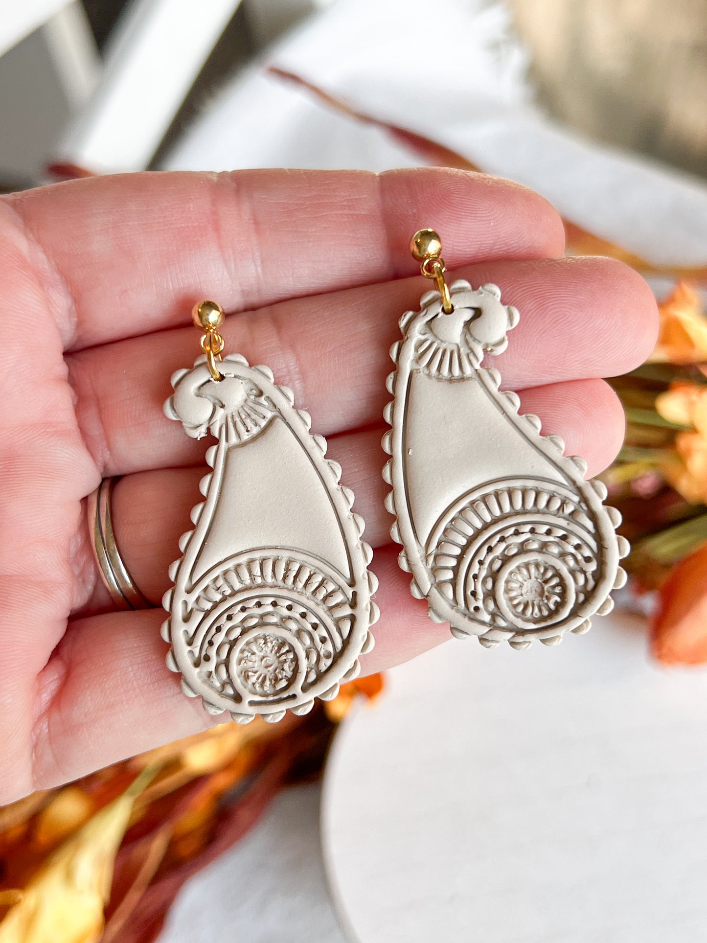 Neutral Taupe Boho Paisley Drop Polymer Clay Earrings
