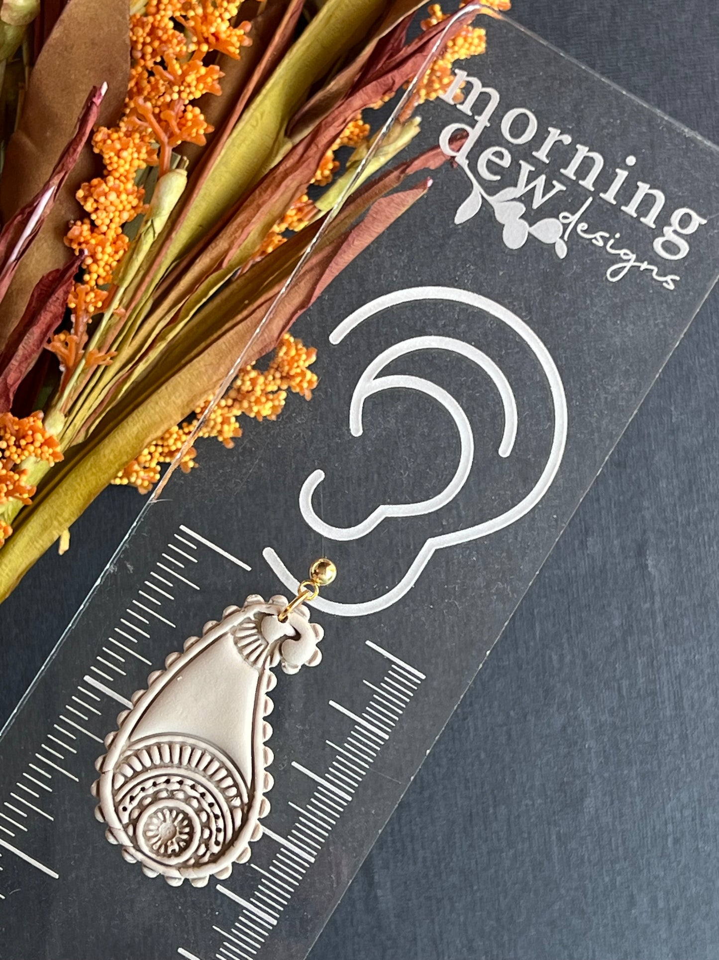 Neutral Taupe Boho Paisley Drop Polymer Clay Earrings