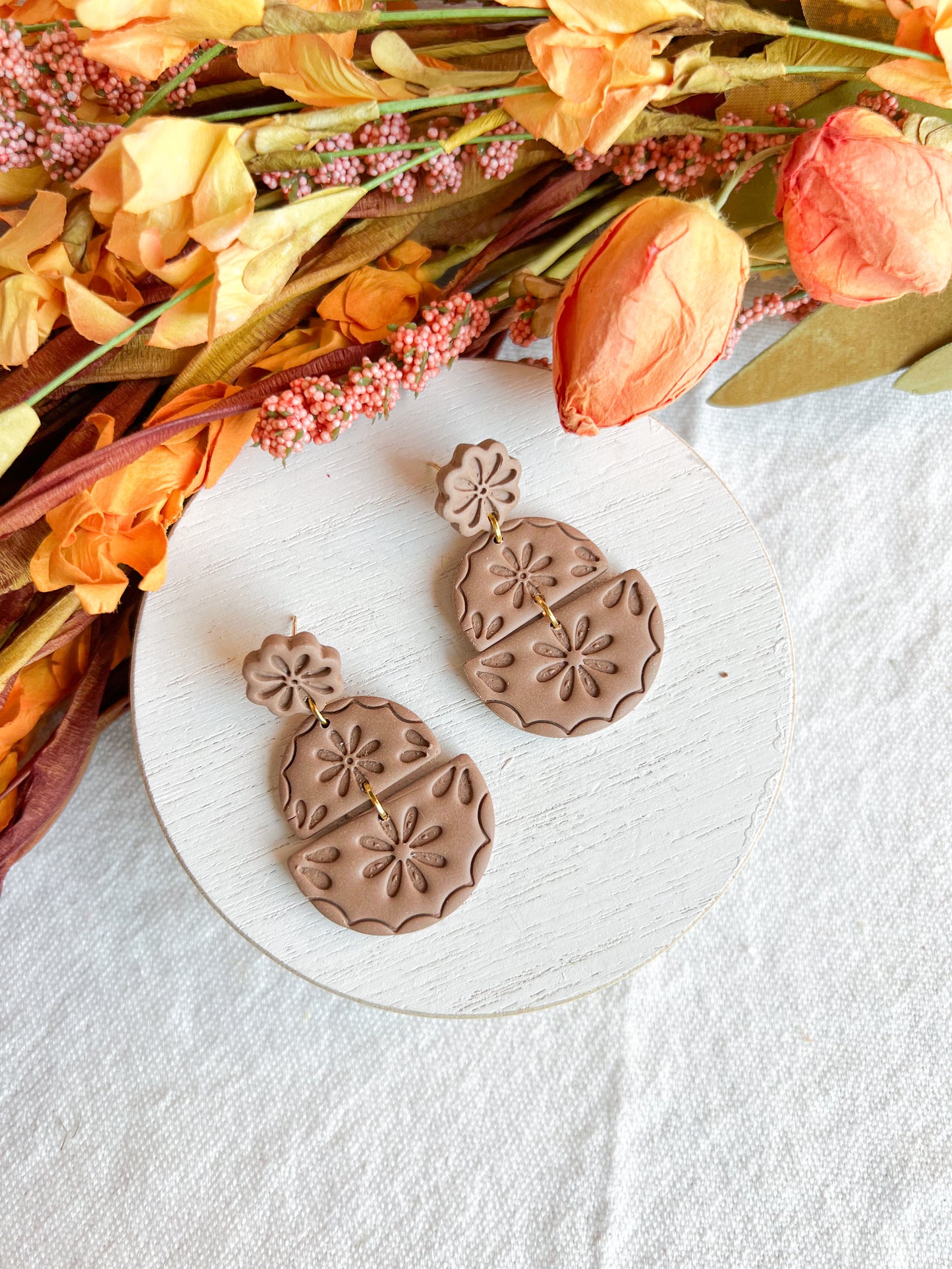 Neutral Greige Boho Floral Textured Half Circle Polymer Clay Earrings