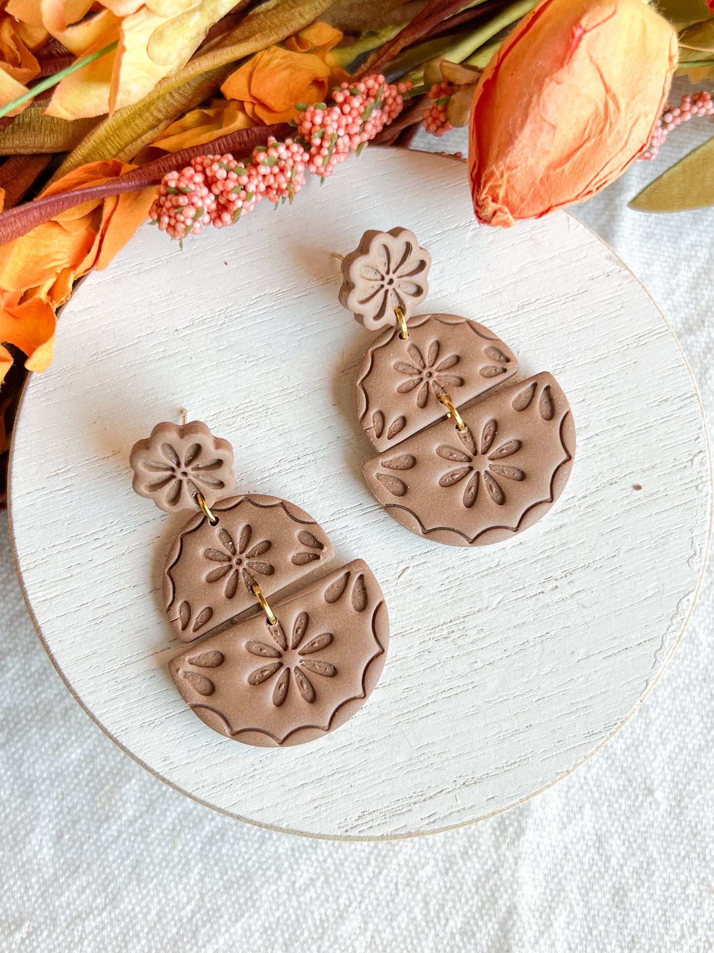 Neutral Greige Boho Floral Textured Half Circle Polymer Clay Earrings