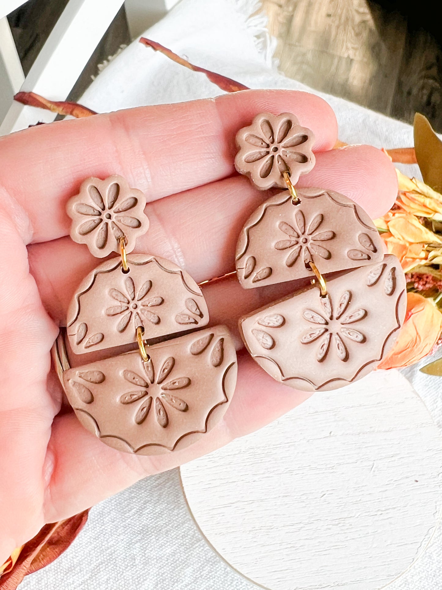 Neutral Greige Boho Floral Textured Half Circle Polymer Clay Earrings