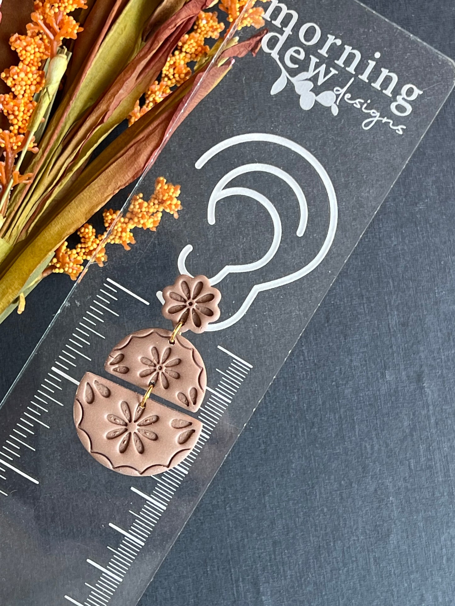 Neutral Greige Boho Floral Textured Half Circle Polymer Clay Earrings