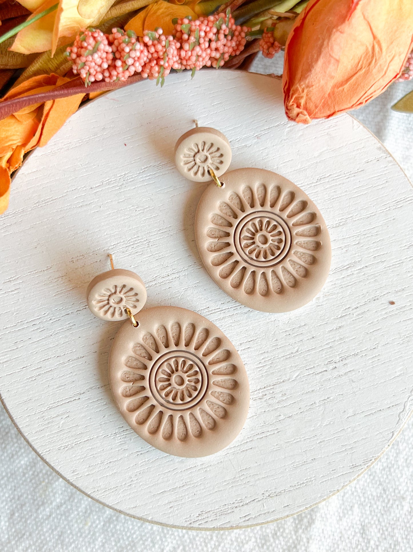 Neutral Taupe Boho Medallion Polymer Clay Earrings
